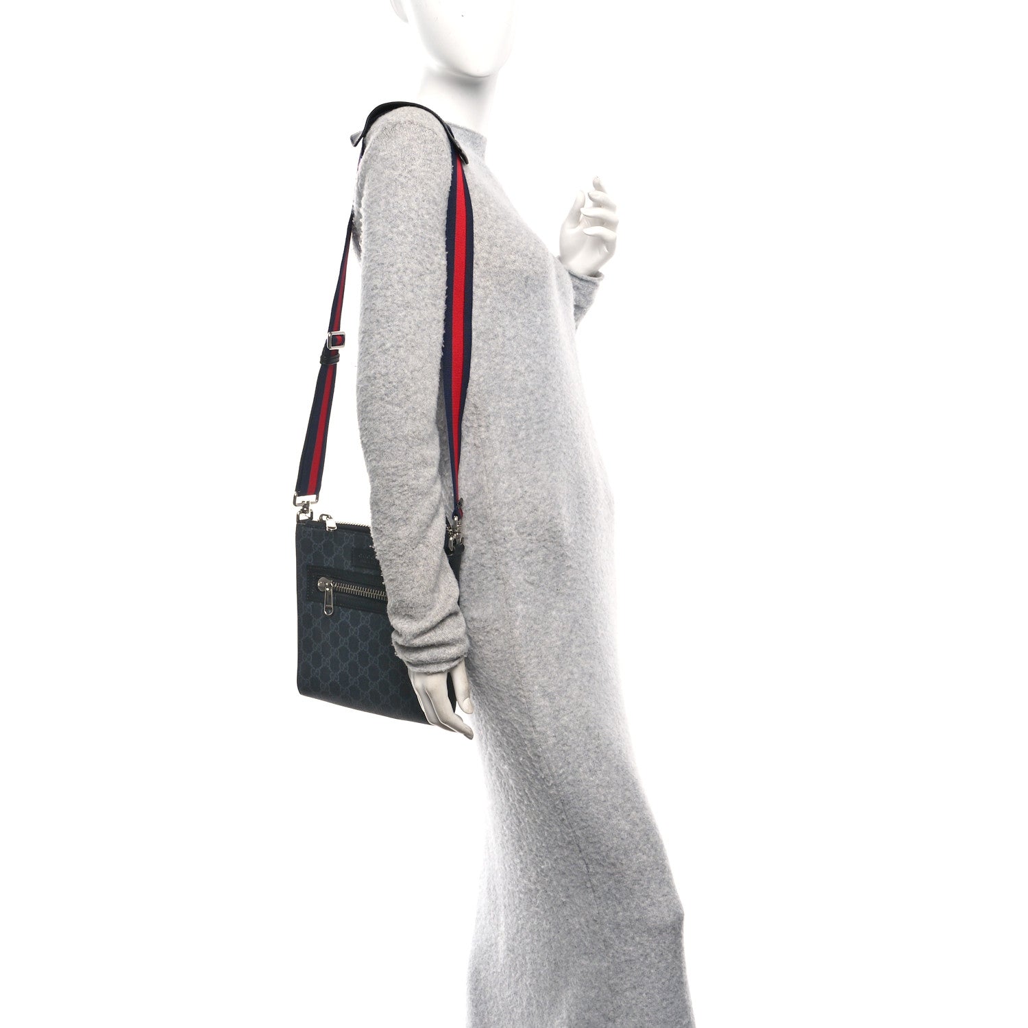 Gucci GG Supreme Monogram Web Small Flat Messenger Bag Black Grey