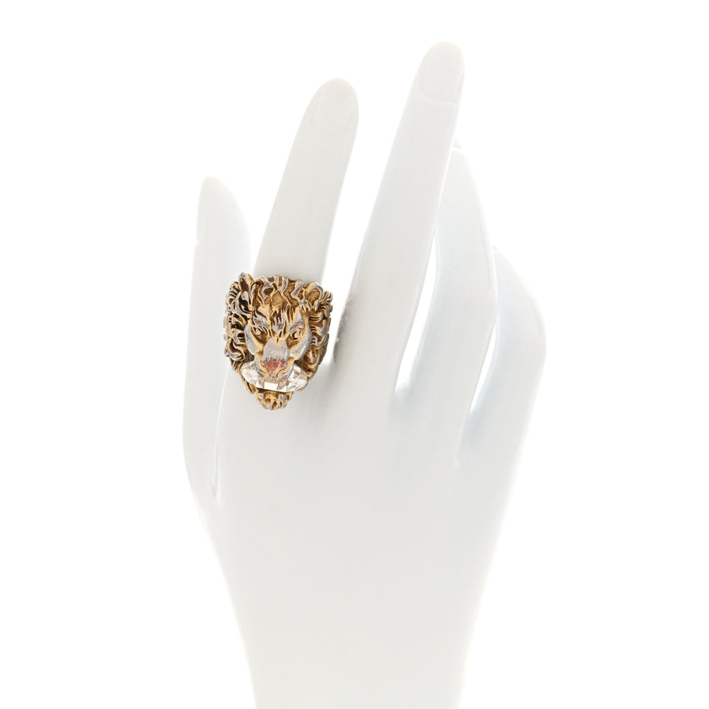Gucci Metal Crystal Lion Head Ring 56 7.5 Gold