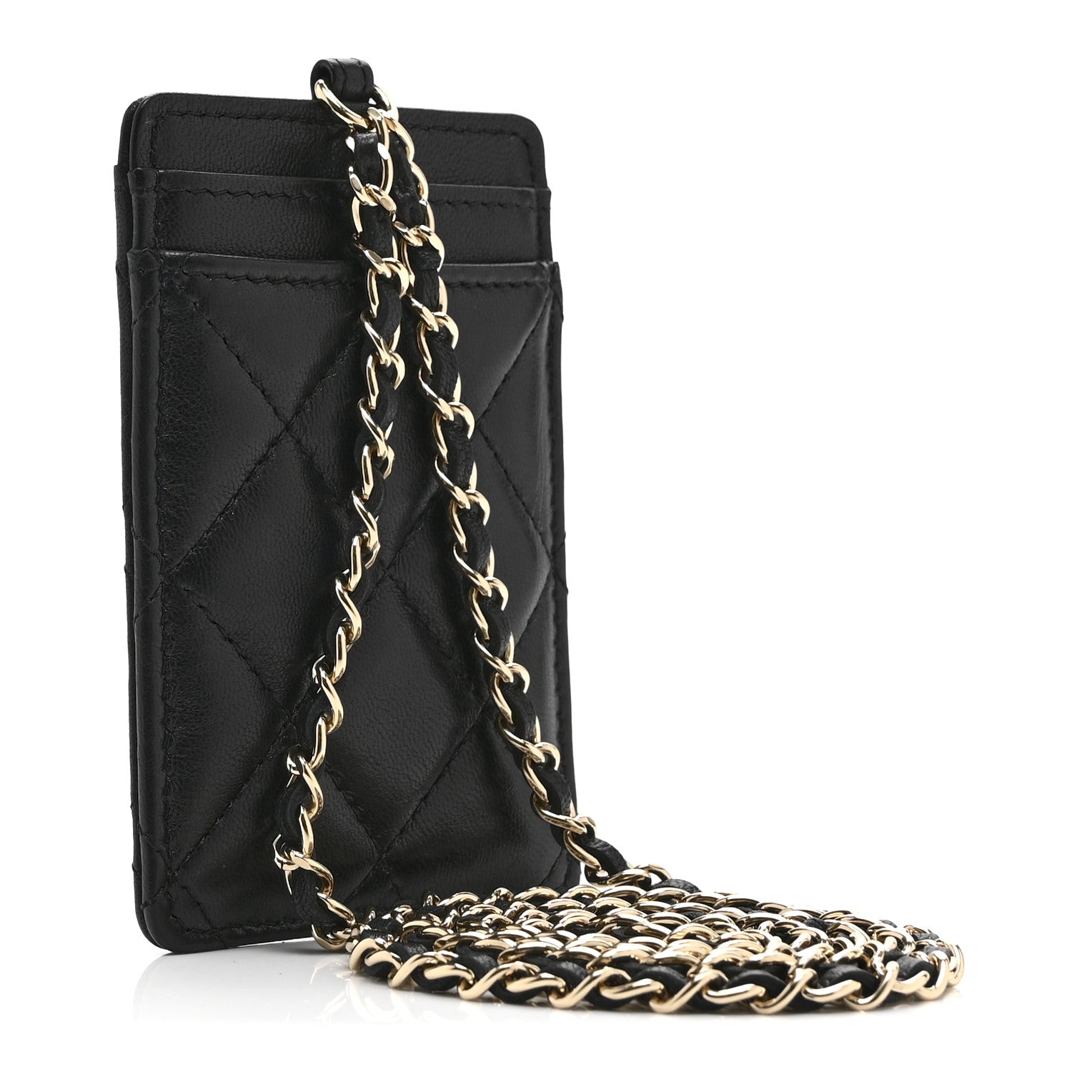 Lambskin Quilted Chanel Card Holder On Chain Black