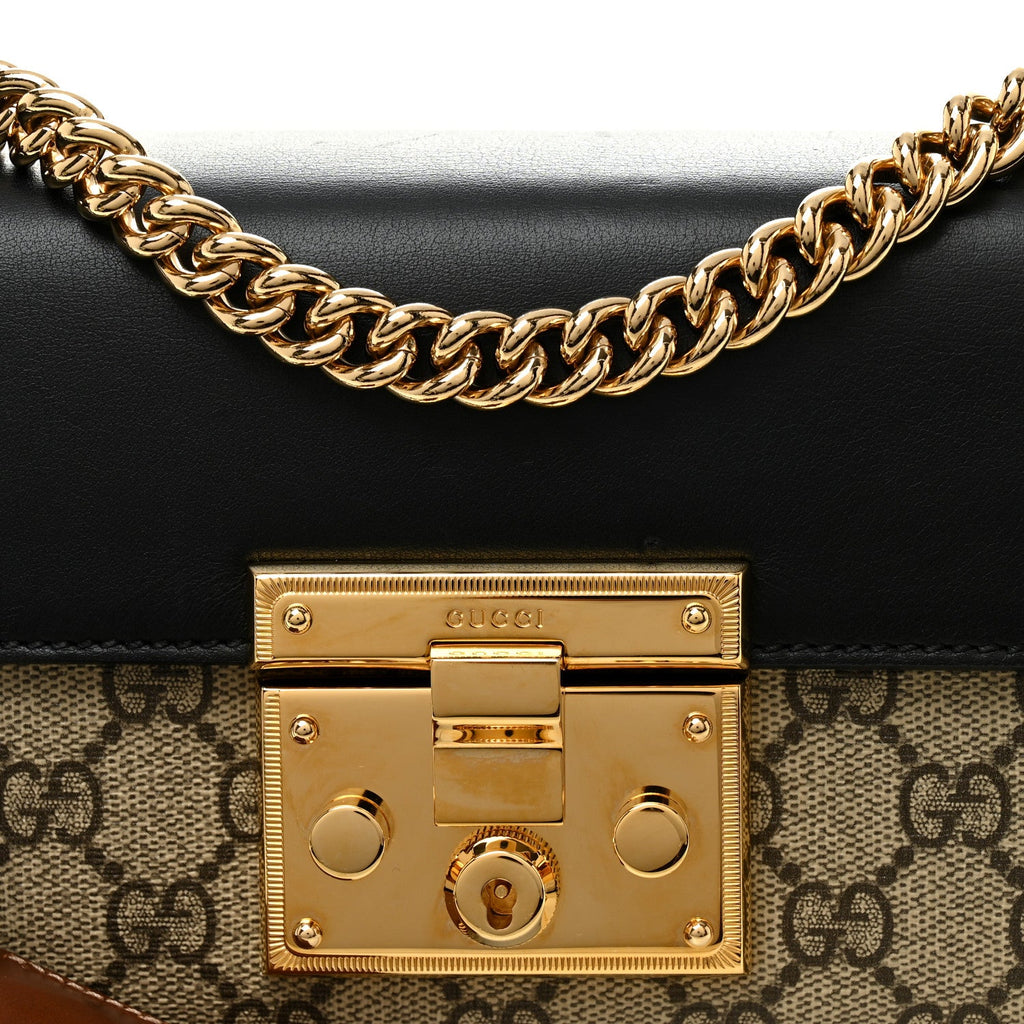 Gucci GG Supreme Monogram Calfskin Small Padlock Shoulder Bag Beige Black Cuir