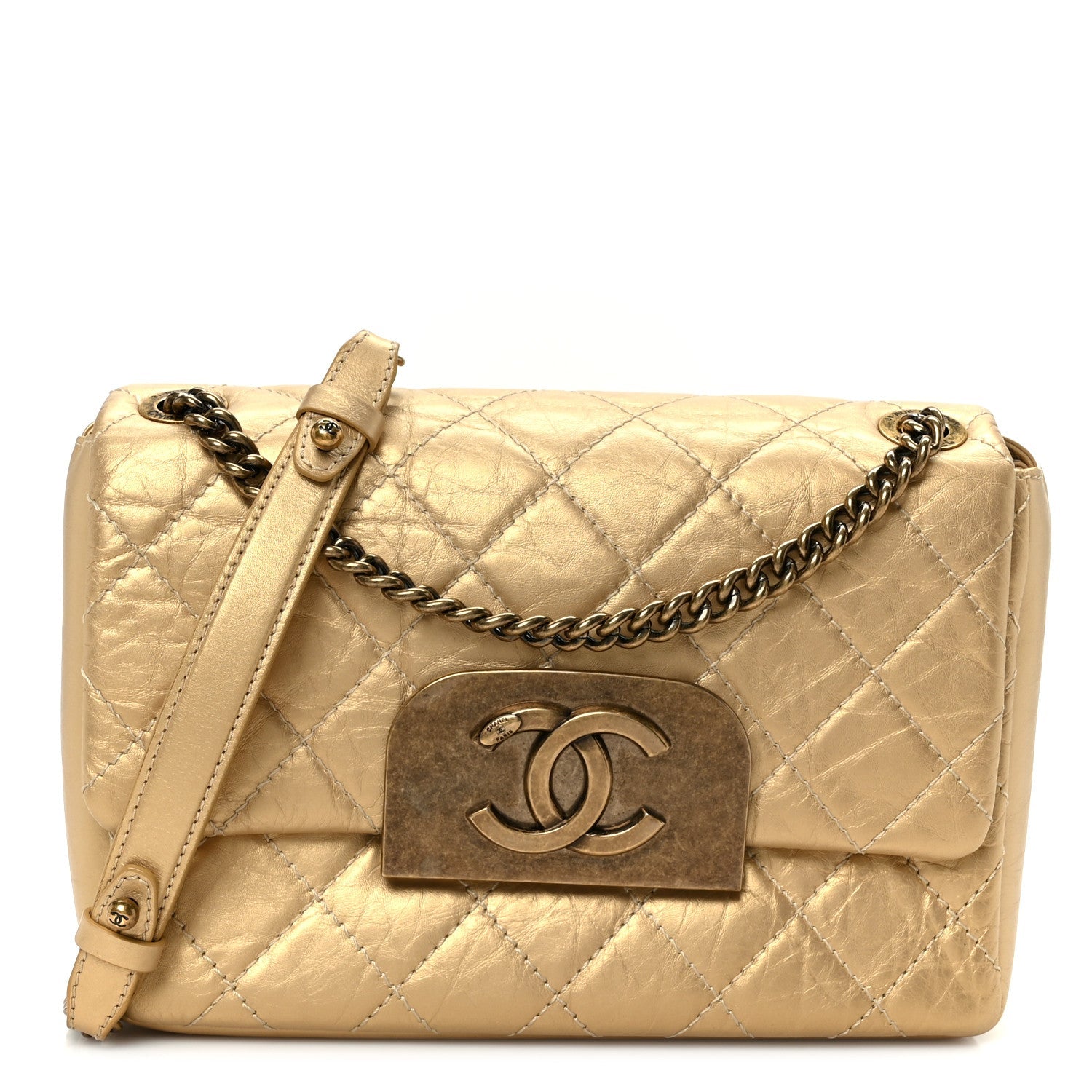 Chanel Metallic Aged Calfskin Quilted CC Square Flap Light Gold