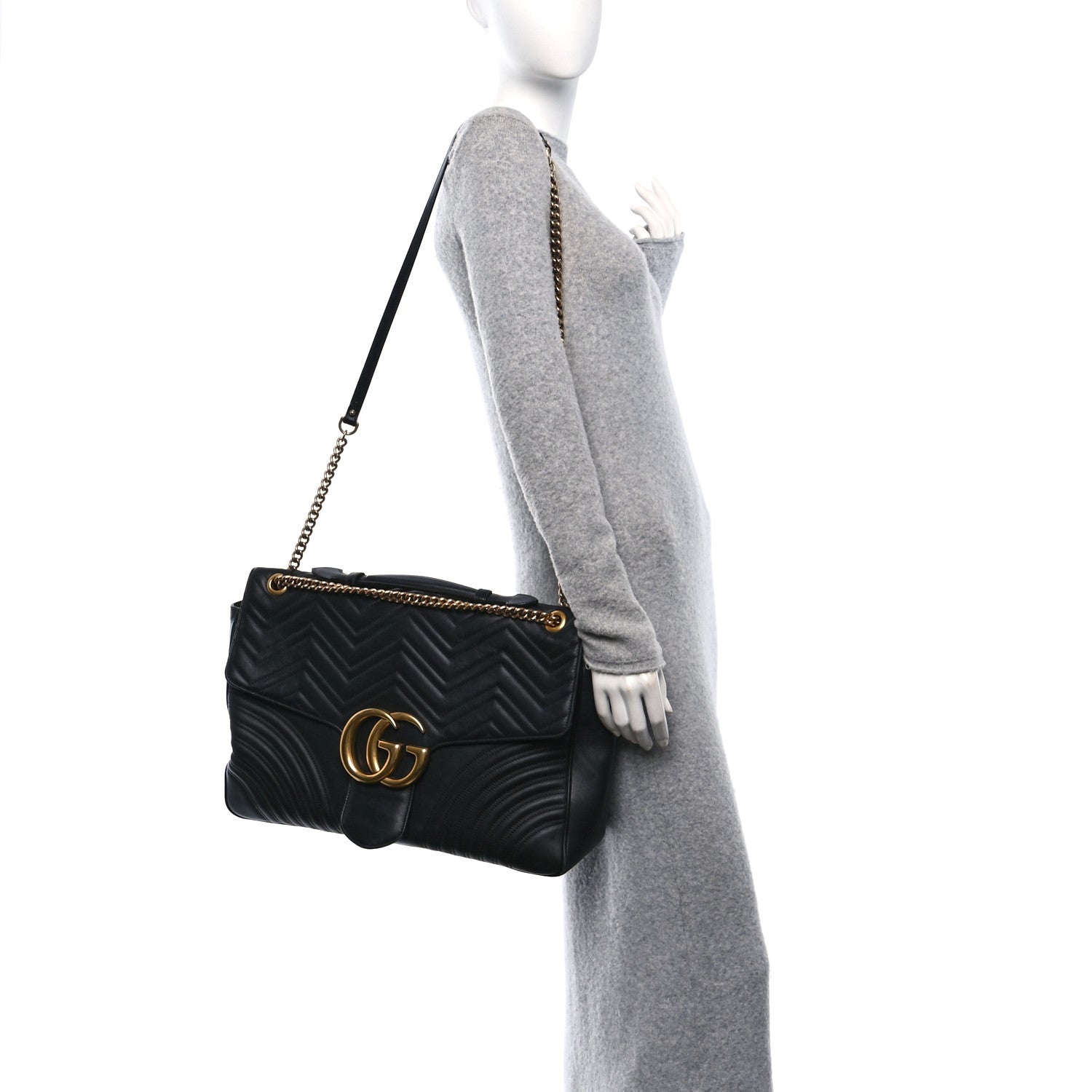 Gucci Calfskin Matelasse Maxi GG Marmont Top Handle Shoulder Bag Black