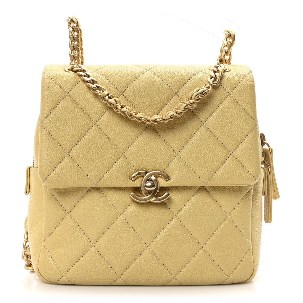 Chanel Shiny Caviar Quilted Chain Melody Backpack Yellow