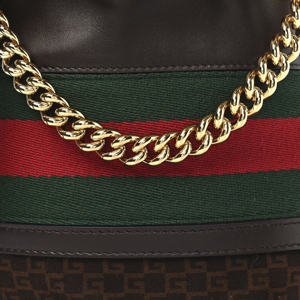 Gucci Suede Calfskin Web G Logo Bucket Bag Dark Brown