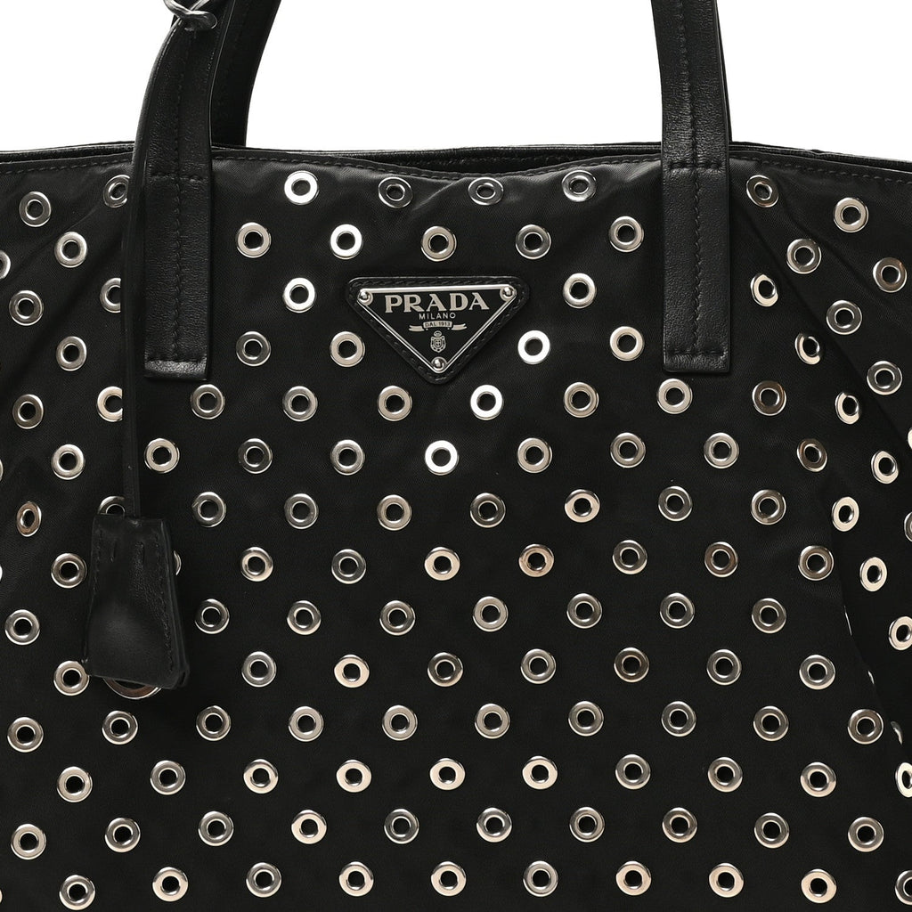 Prada Tessuto Nylon Calfskin Grommet Tote Black