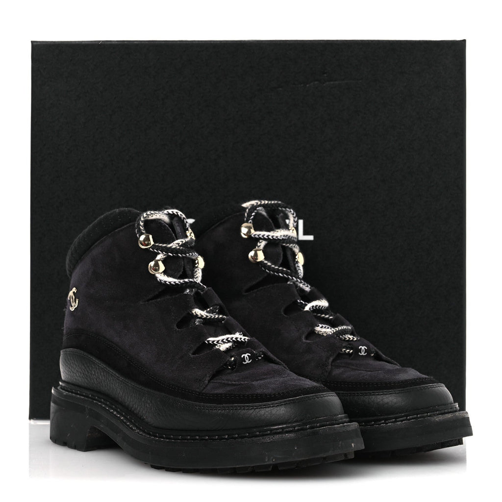 Chanel Suede Grained Calfskin CC Lace Up Boots 38 Black