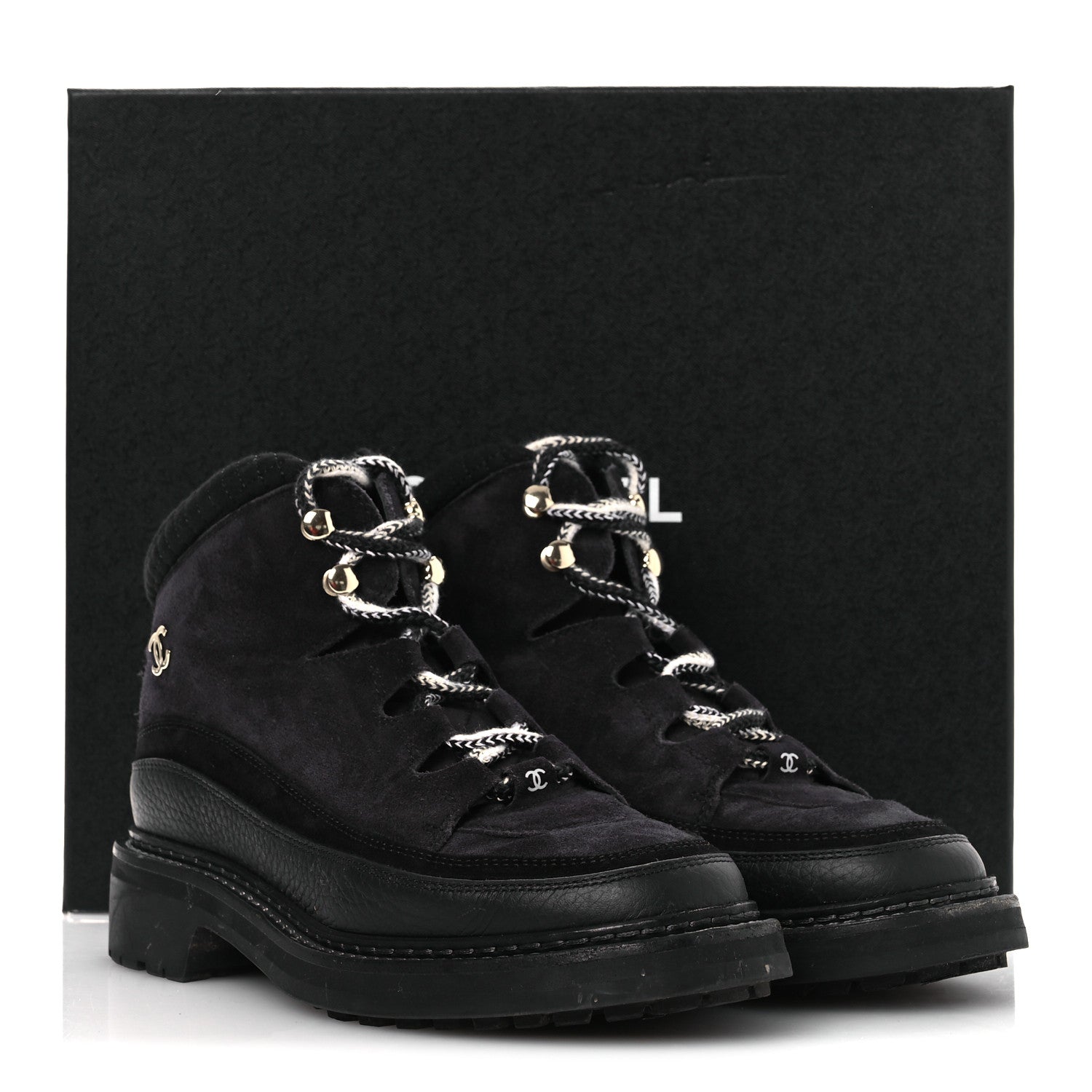 Chanel Suede Grained Calfskin CC Lace Up Boots 38 Black