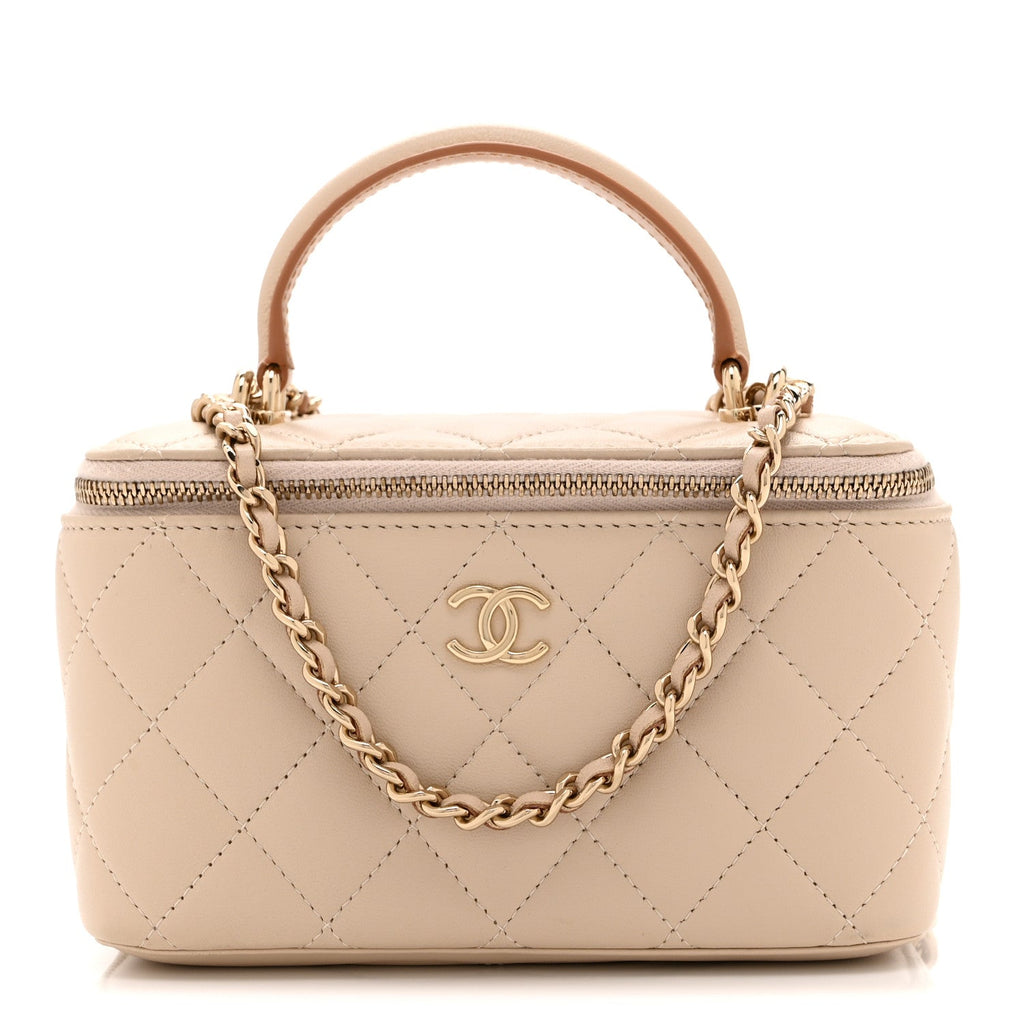 Chanel Lambskin Quilted Small Top Handle Vanity Case With Chain Beige