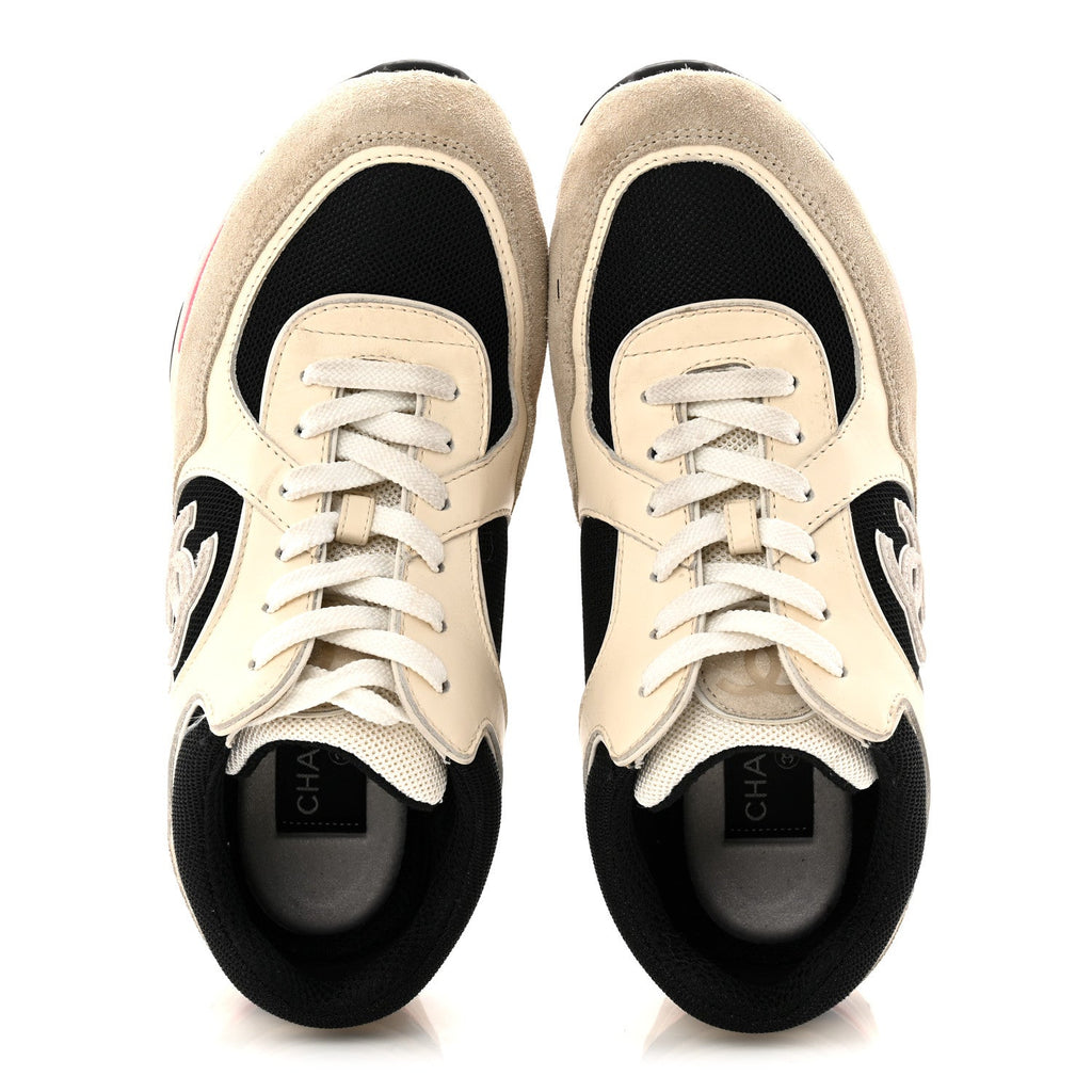 Mesh Suede Calfskin Grained Calfskin Womens CC Sneakers 38.5 White Black Pink