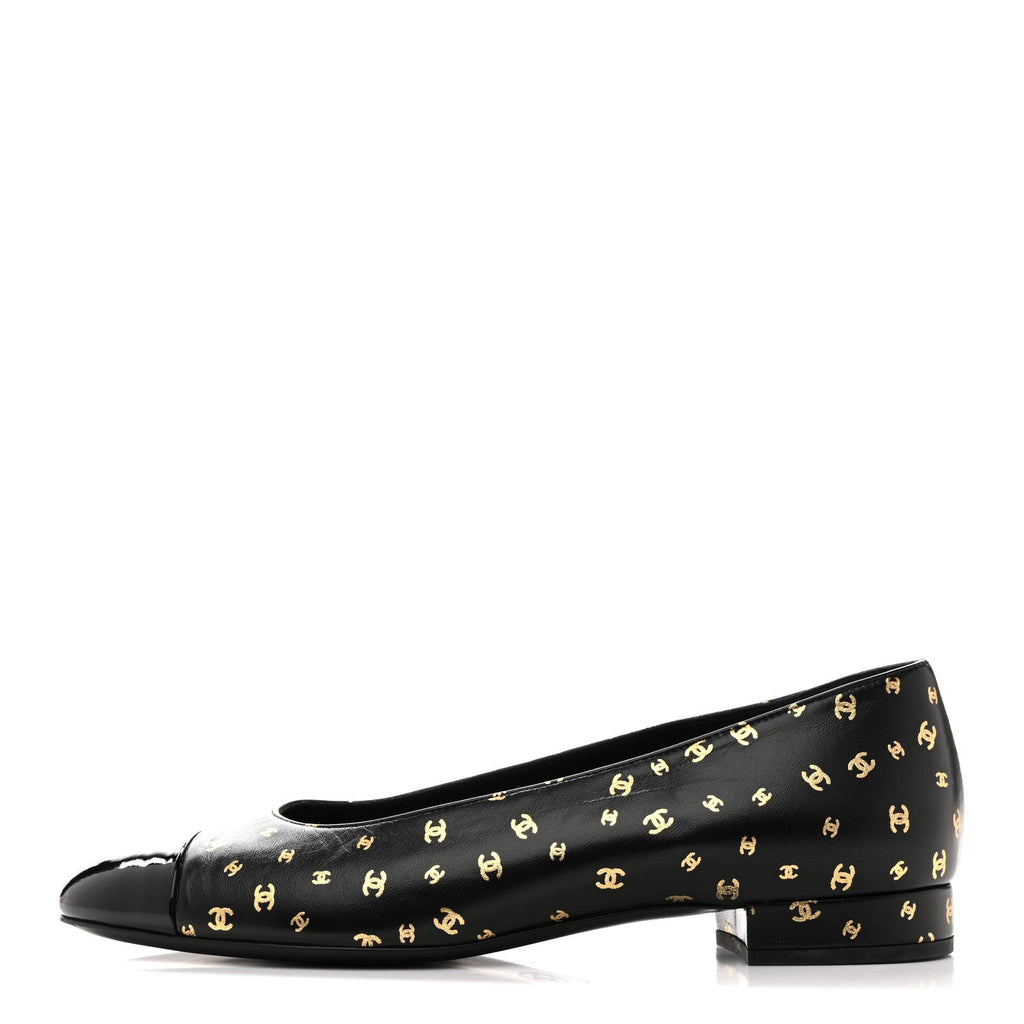 Lambskin Patent Calfskin Printed CC Cap Toe Ballerina Flats 38.5 Black Gold