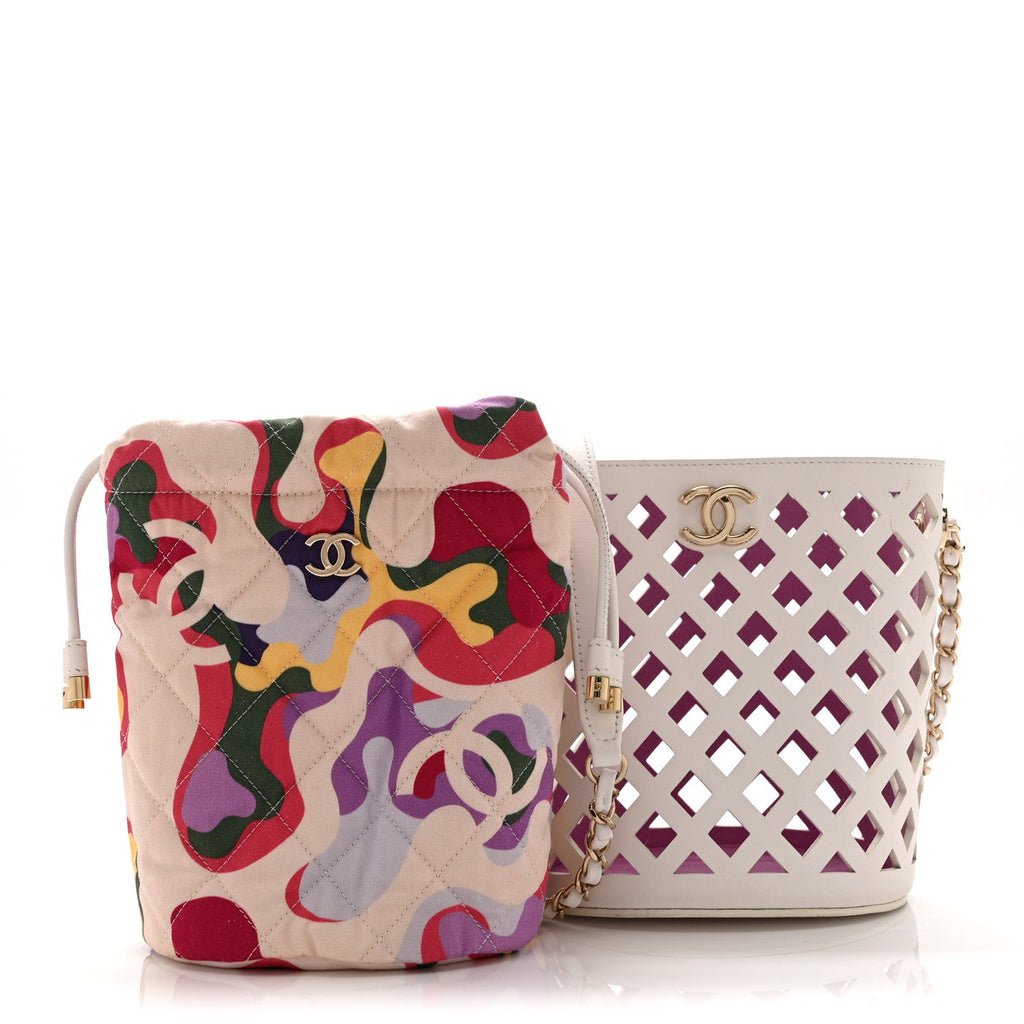 Chanel Lambskin Sea Through Bucket Drawstring Bag White Multicolor