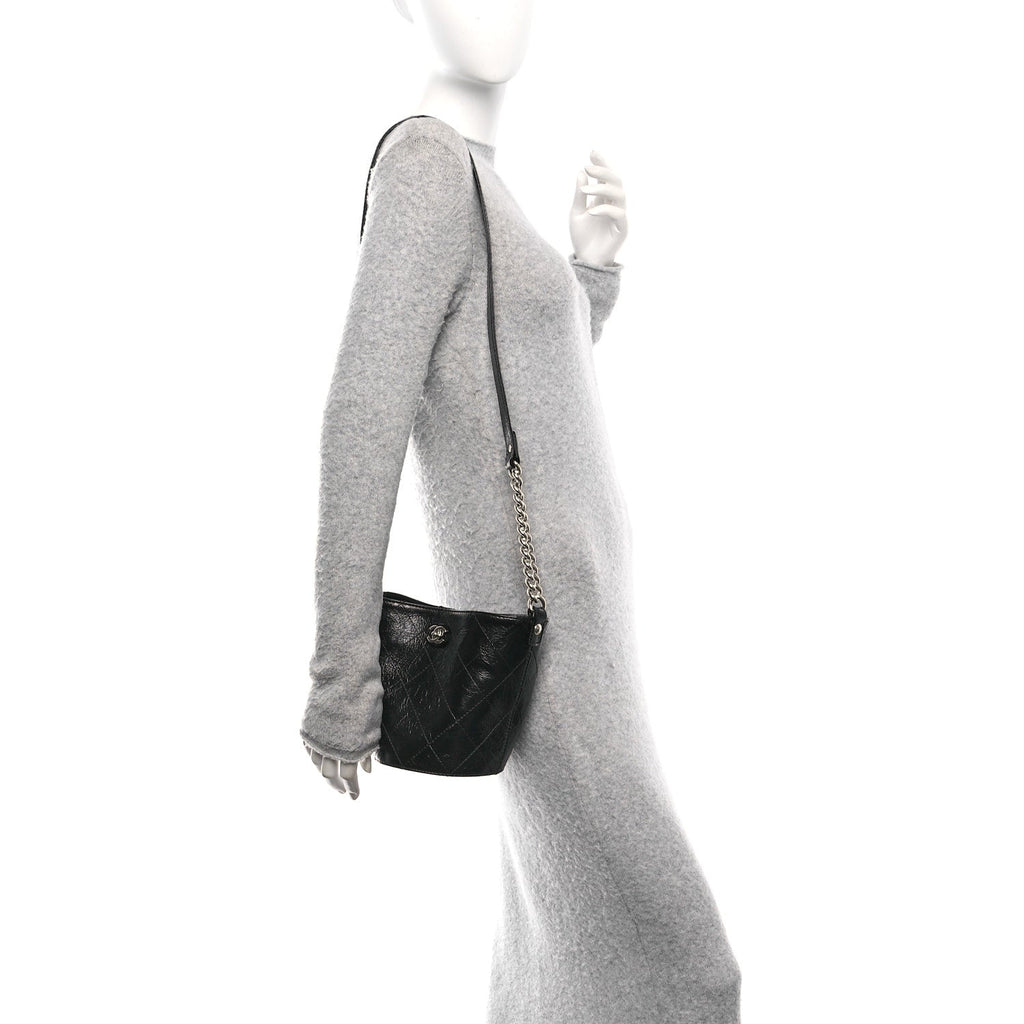 Chanel Crumpled Calfskin Quilted Chain Drawstring Bucket Bag Black