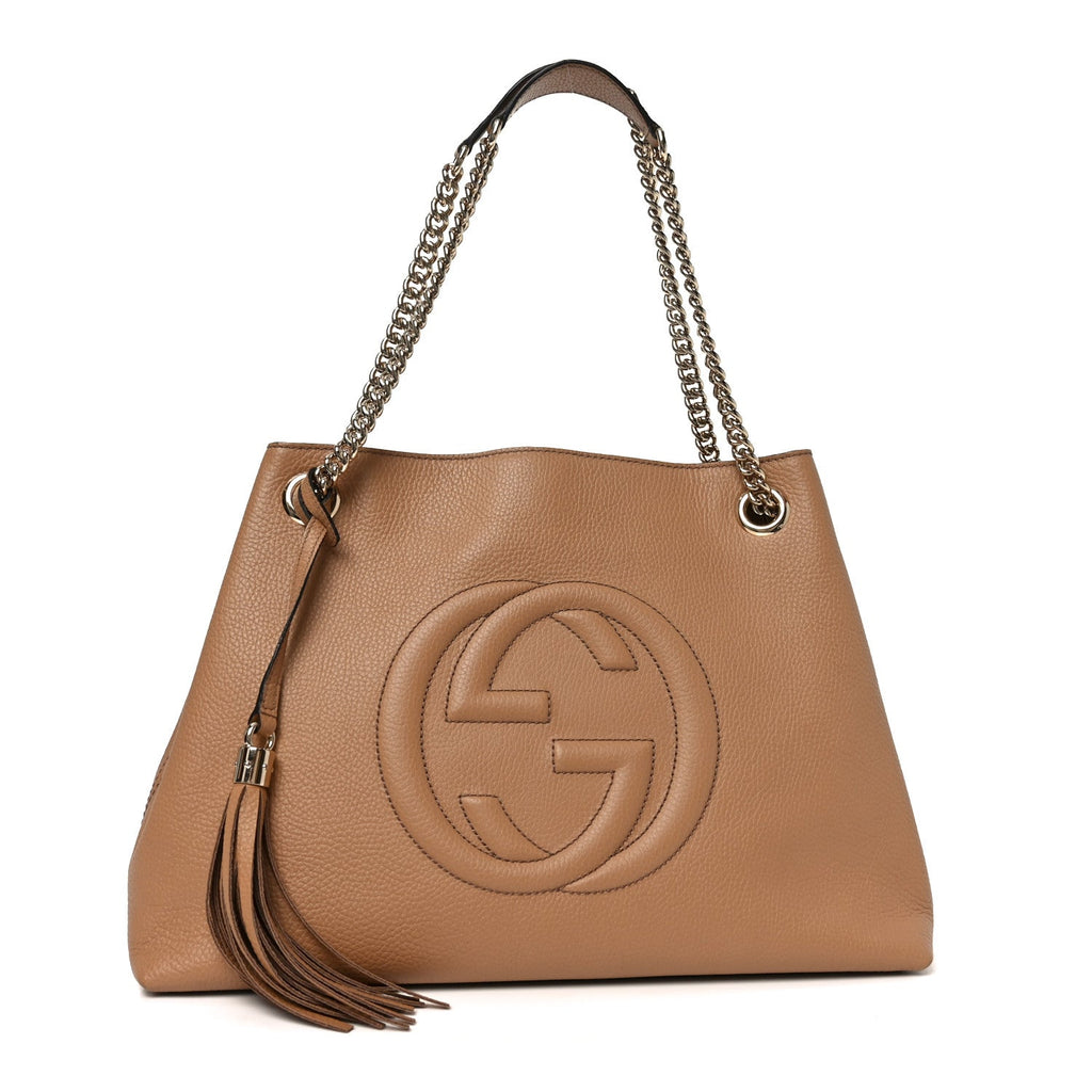 Gucci Pebbled Calfskin Medium Soho Chain Shoulder Bag Camelia