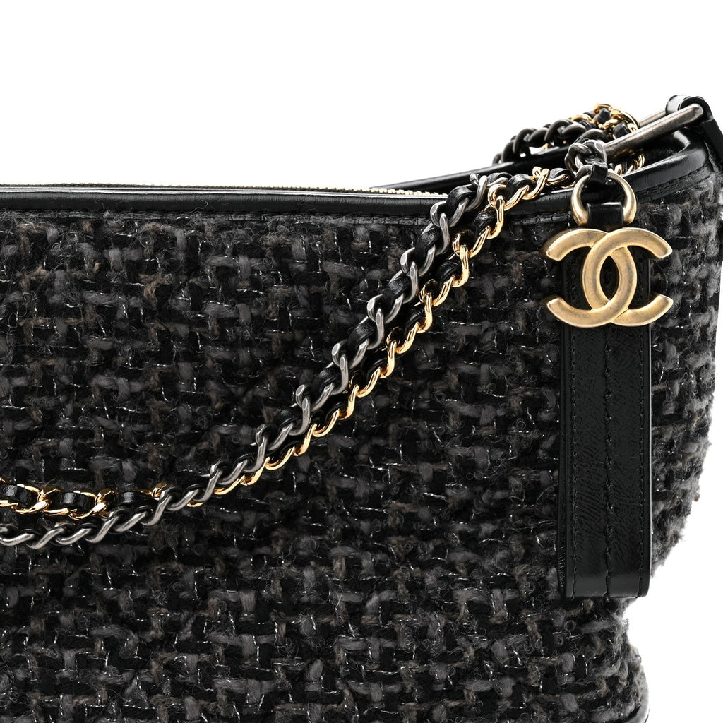 Chanel Tweed Calfskin Quilted Medium Gabrielle Hobo Black