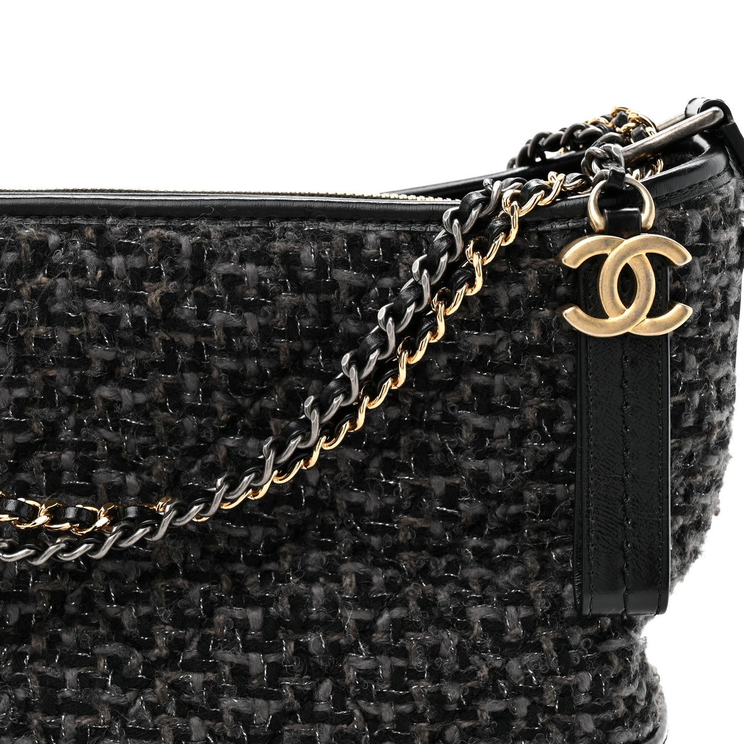 Chanel Tweed Calfskin Quilted Medium Gabrielle Hobo Black