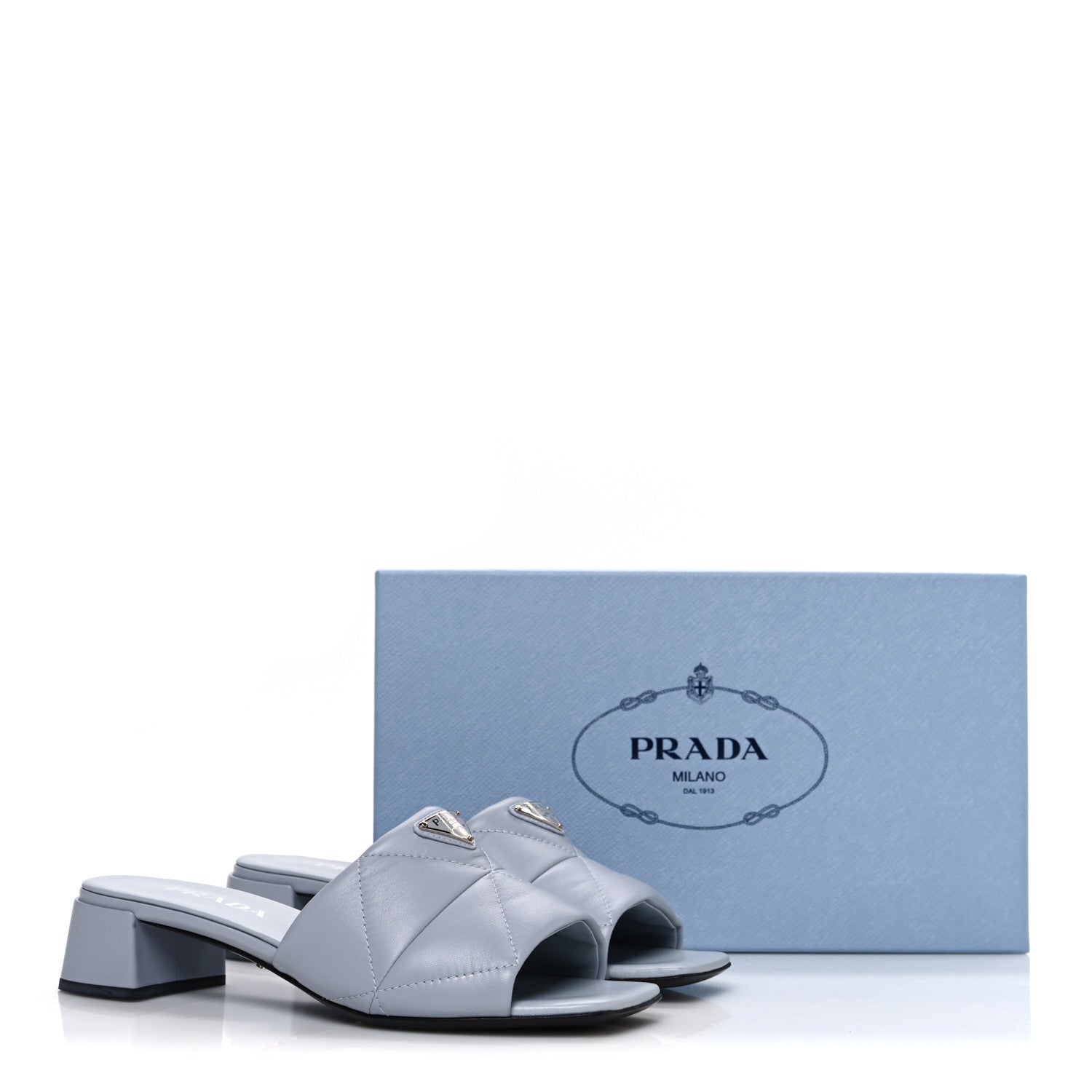 Prada Nappa Metal Triangle Logo Quilted Block Heel Slide Sandals 38 Flordaliso