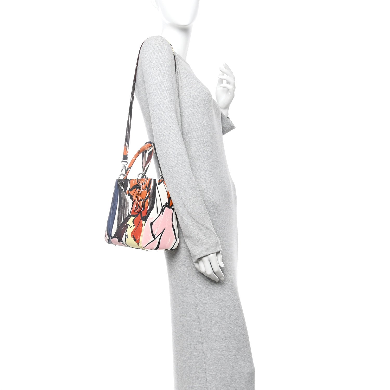 Christian Dior Canvas Graffiti Floral Printed Medium Lady Dior Multicolor