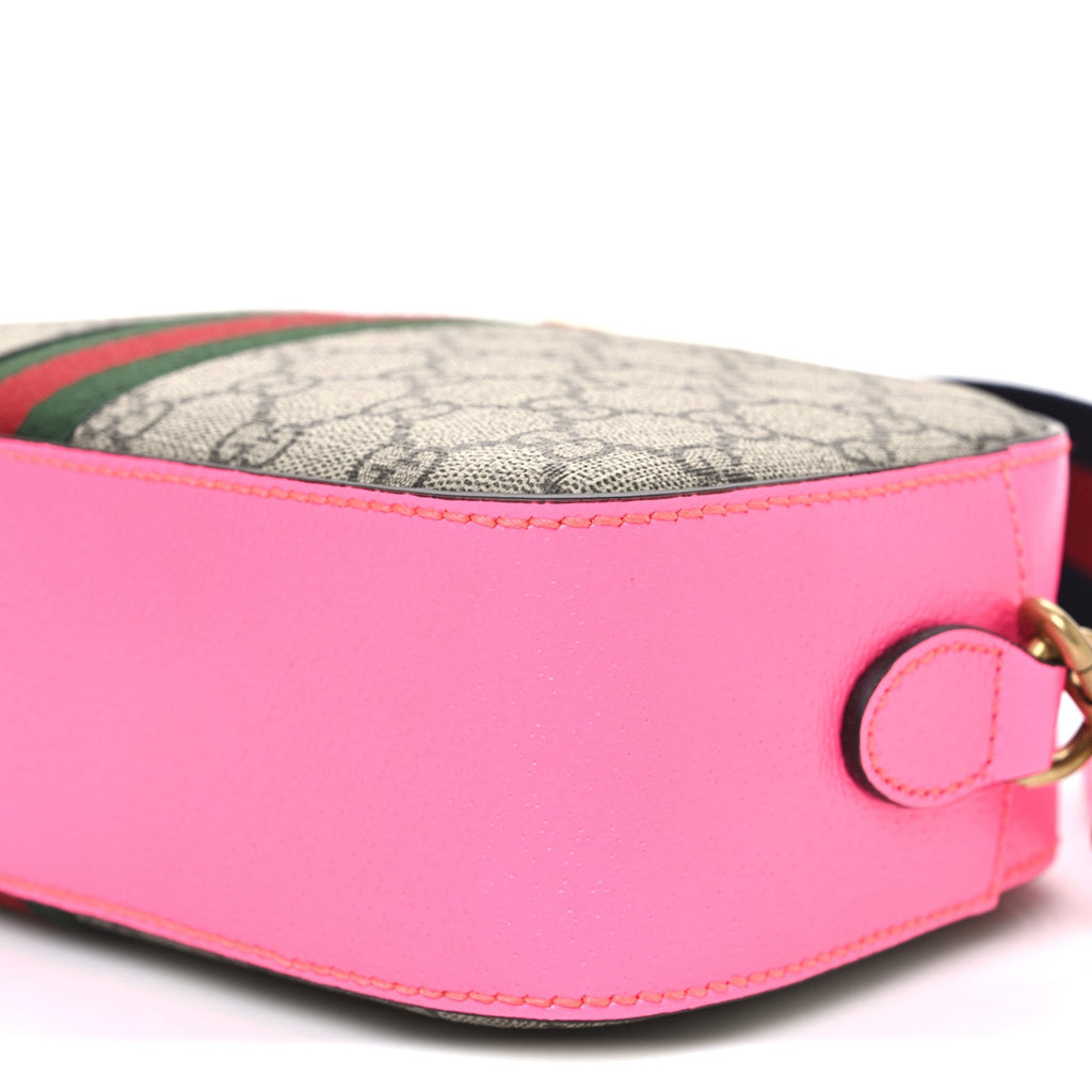 Gucci GG Supreme Monogram Textured Dollar Calfskin Web Ophidia Small Crossbody Bag Beige Ebony Fuchsia