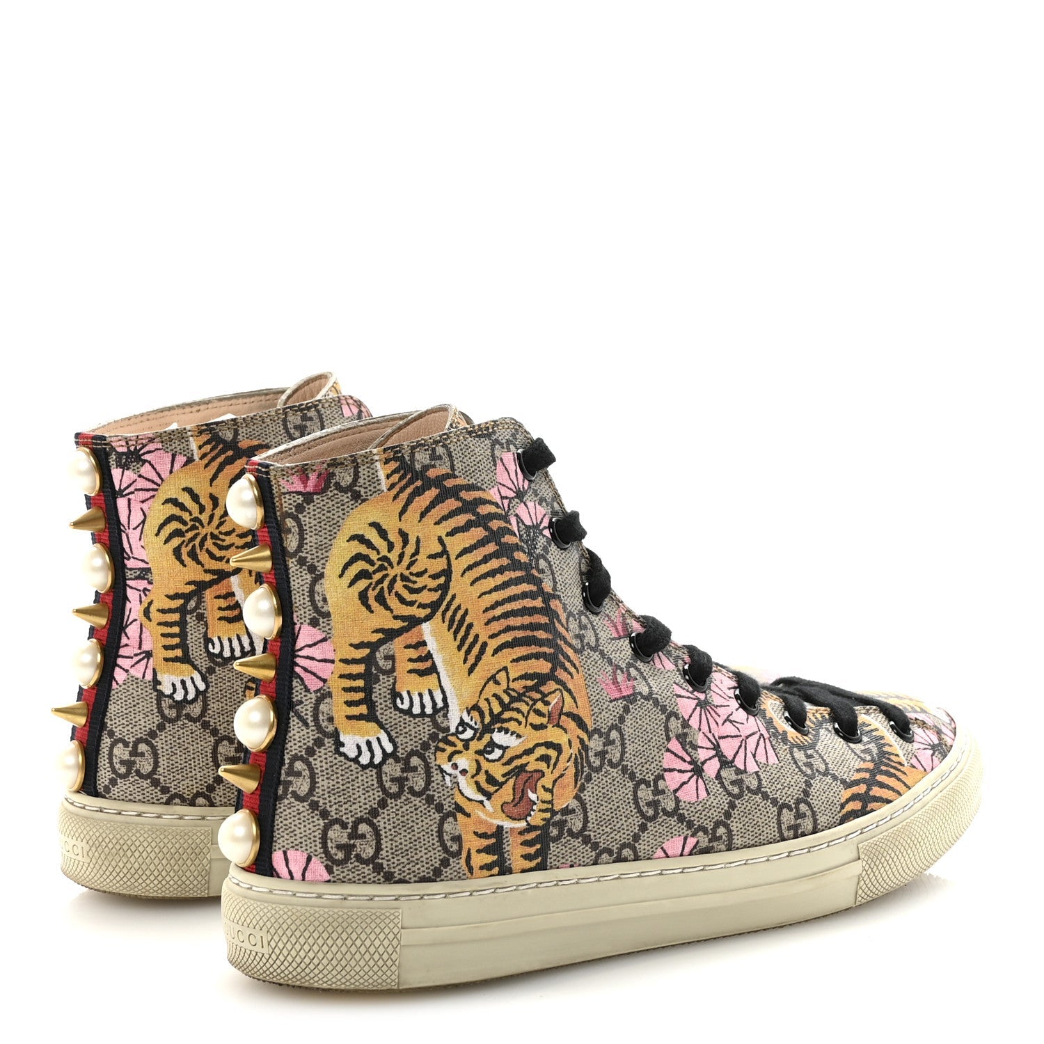 Gucci GG Supreme Monogram Bengal Pearl Womens High Top Sneakers 38 Beige Pink