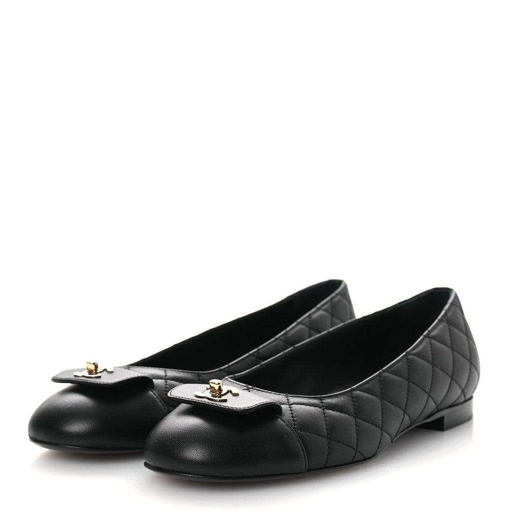 Calfskin Lambskin Quilted CC Cap Toe Ballerina Flats 37 Black