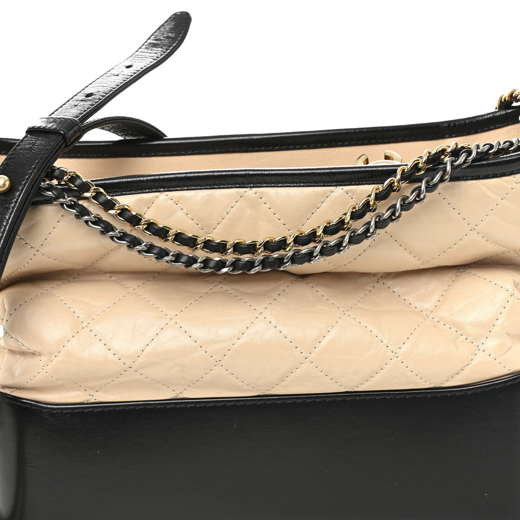 Chanel Aged Calfskin Quilted Medium Gabrielle Hobo Beige Black