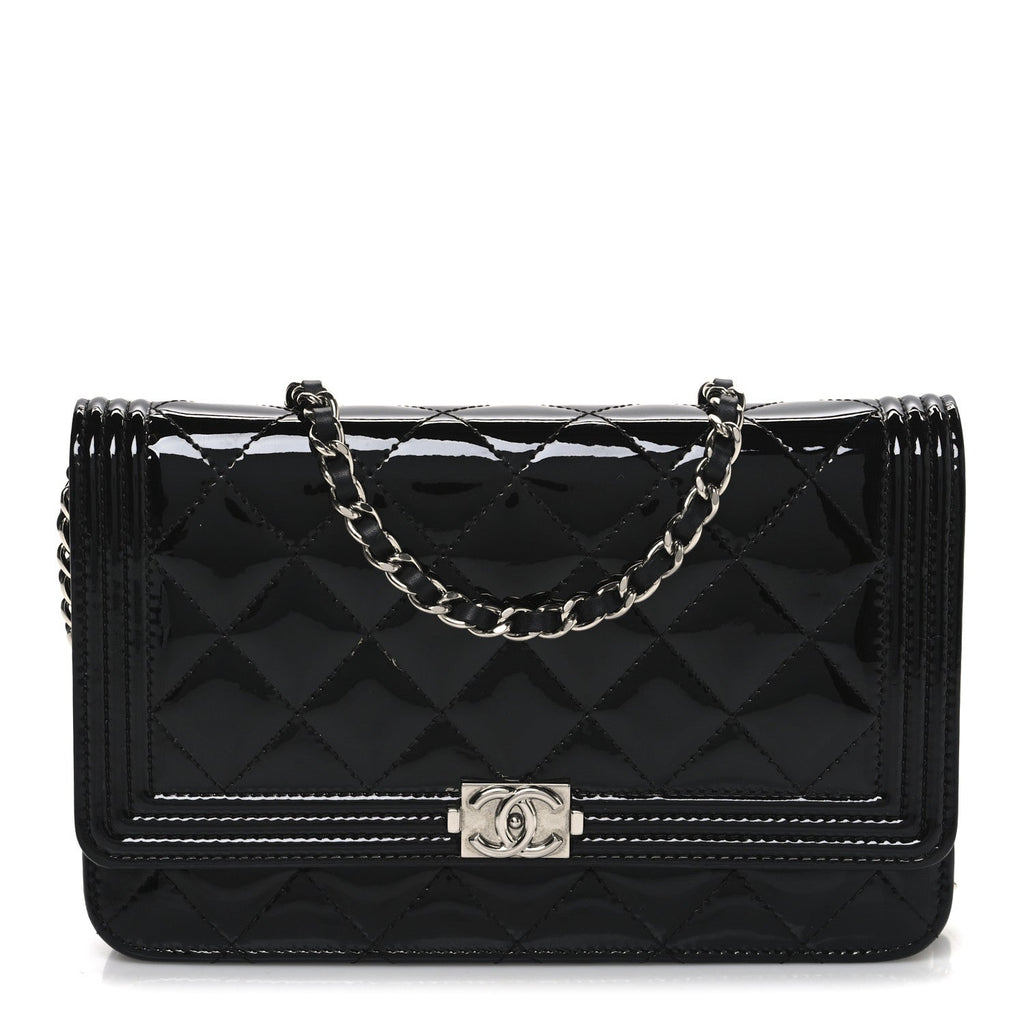 Chanel Patent Calfskin Quilted Boy Wallet On Chain WOC Black