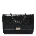 Chanel Patent Calfskin Quilted Boy Wallet On Chain WOC Black