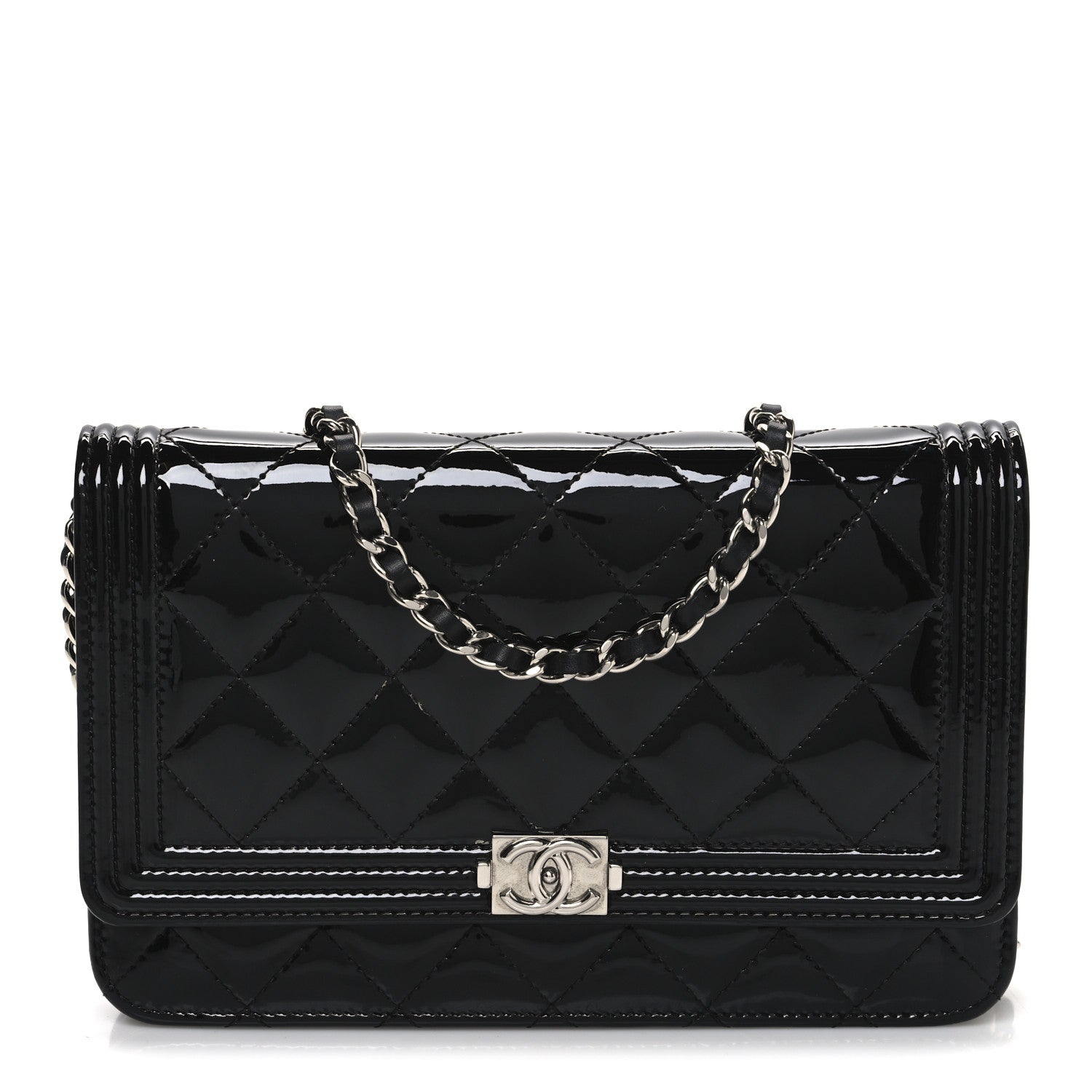 Chanel Patent Calfskin Quilted Boy Wallet On Chain WOC Black