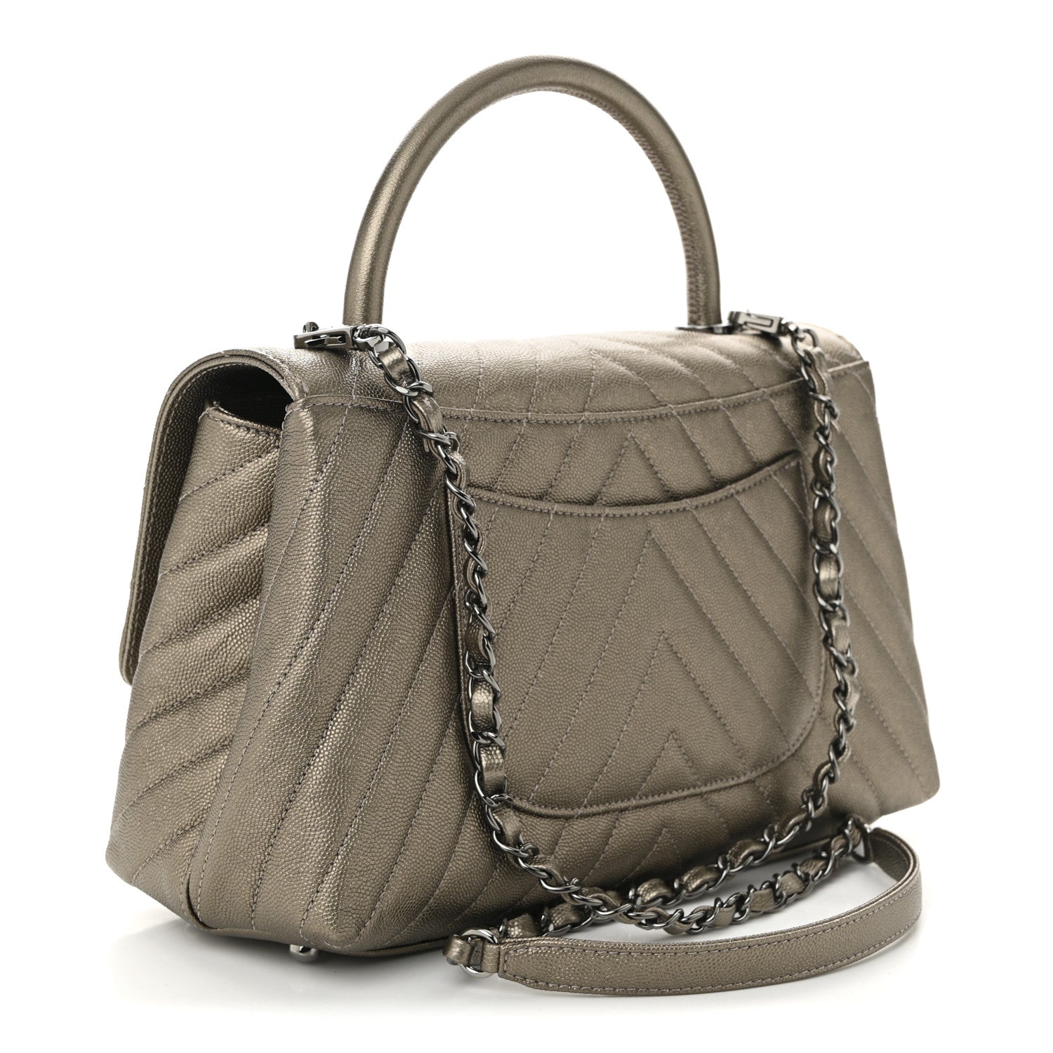 Chanel Metallic Caviar Chevron Quilted Small Coco Handle Flap Light Gold