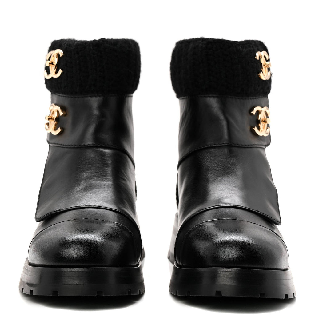 Calfskin Knit CC Short Boots 38 Black