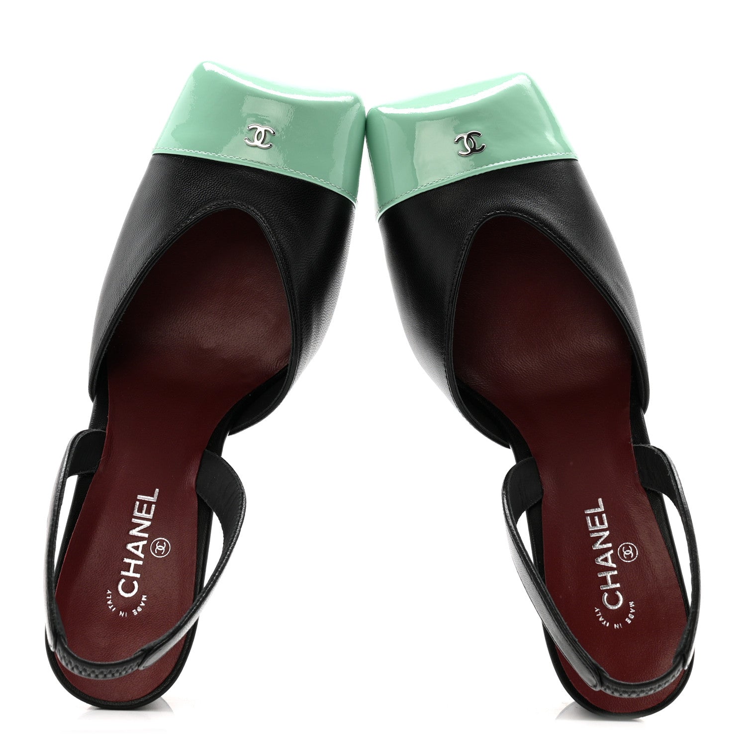 Lambskin Patent Calfskin Cap Toe CC Slingback Pumps 37 Black Green