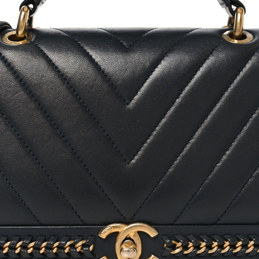 Chanel Sheepskin Chevron Stitched Chain Top Handle Flap Blue