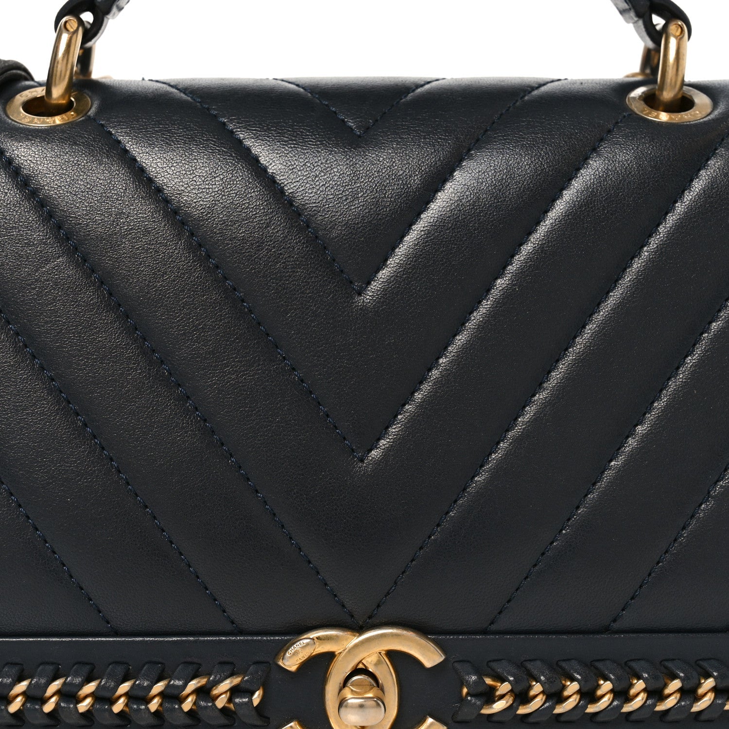 Chanel Sheepskin Chevron Stitched Chain Top Handle Flap Blue