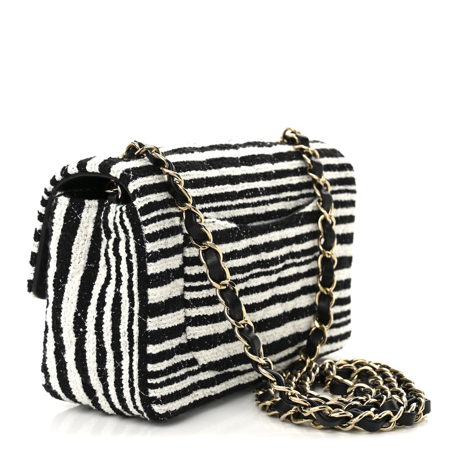 Chanel Striped Tweed Sequin Quilted Camellia Embellished Mini Rectangular Flap Ecru Black