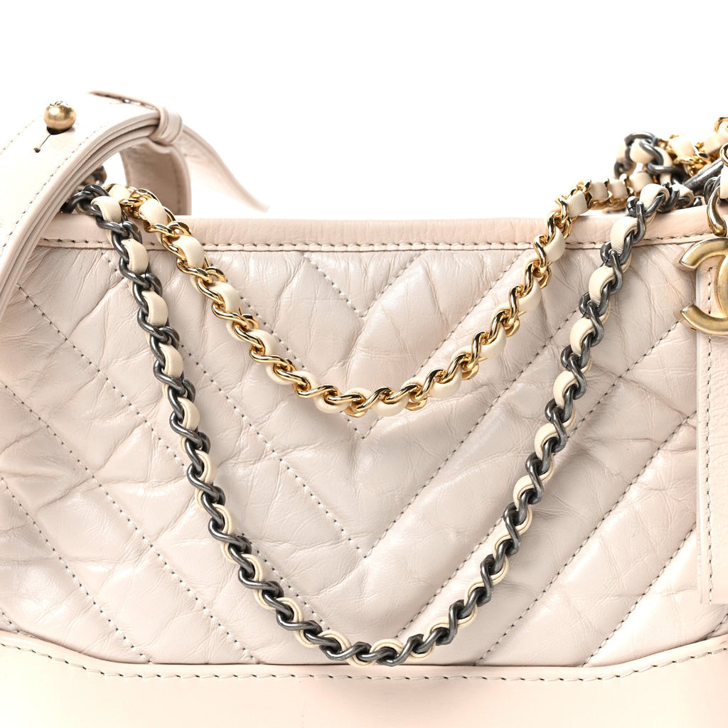 Chanel Aged Calfskin Chevron Quilted Small Gabrielle Hobo Beige