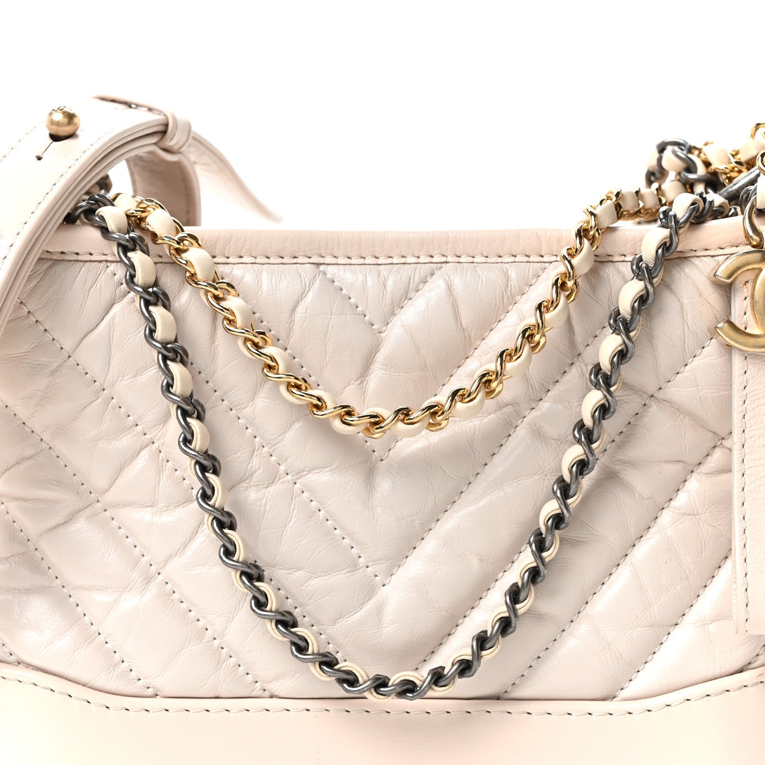 Chanel Aged Calfskin Chevron Quilted Small Gabrielle Hobo Beige