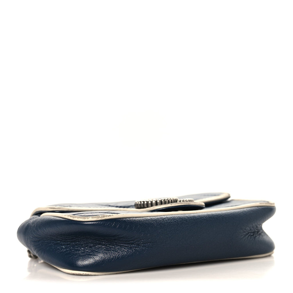 Gucci Vintage Effect Calfskin Matelasse Diagonal Super Mini Torchon GG Marmont Shoulder Bag Blue Agata Mystic White