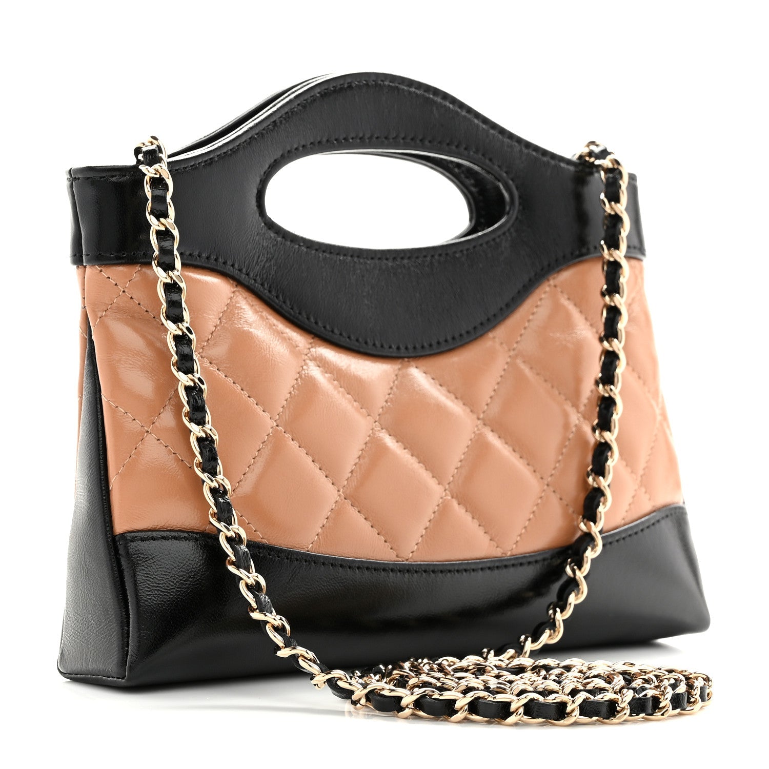 Chanel Shiny Crumpled Calfskin Quilted Nano 31 Shopping Bag Dark Beige Black