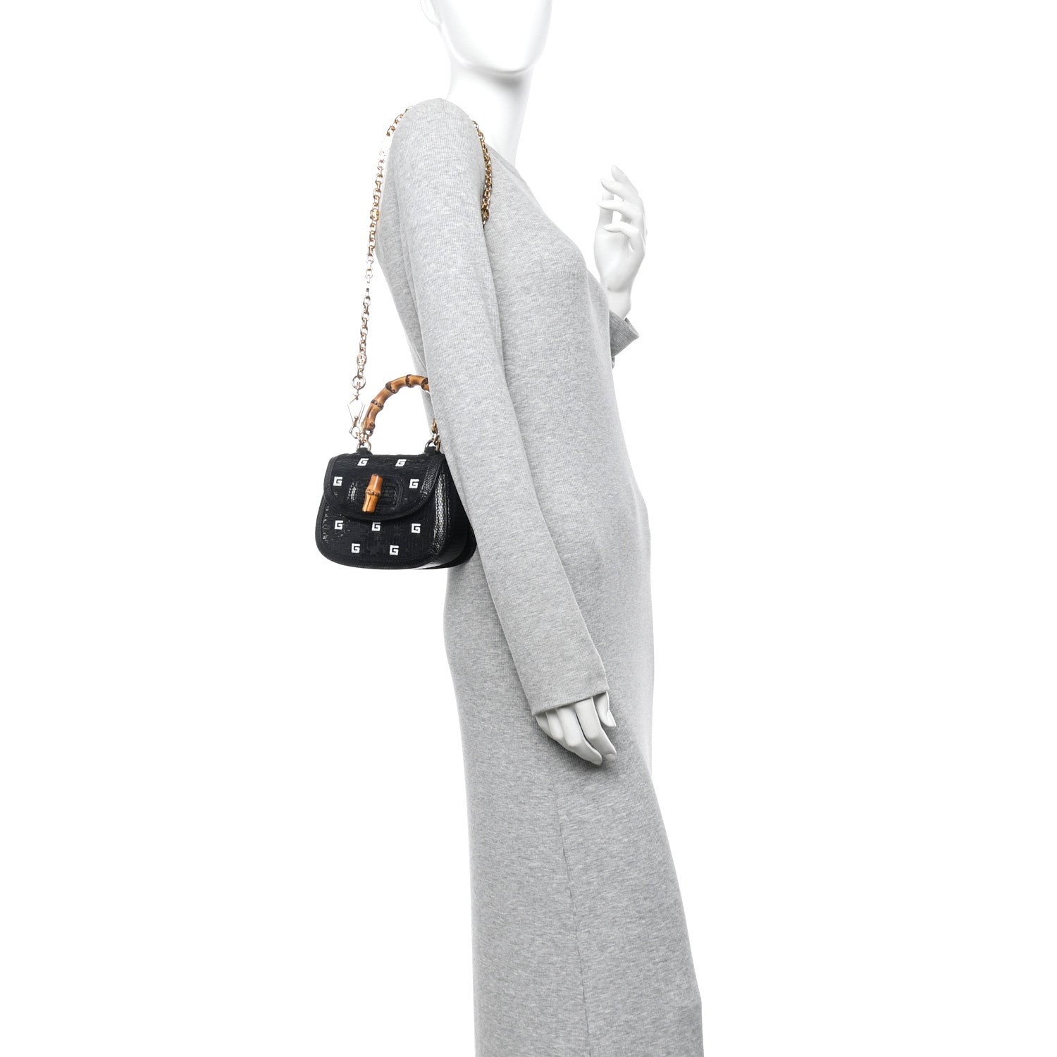 Gucci Sequin Lizard Embossed GG Mini Bamboo 1947 Top Handle Chain Bag Black White