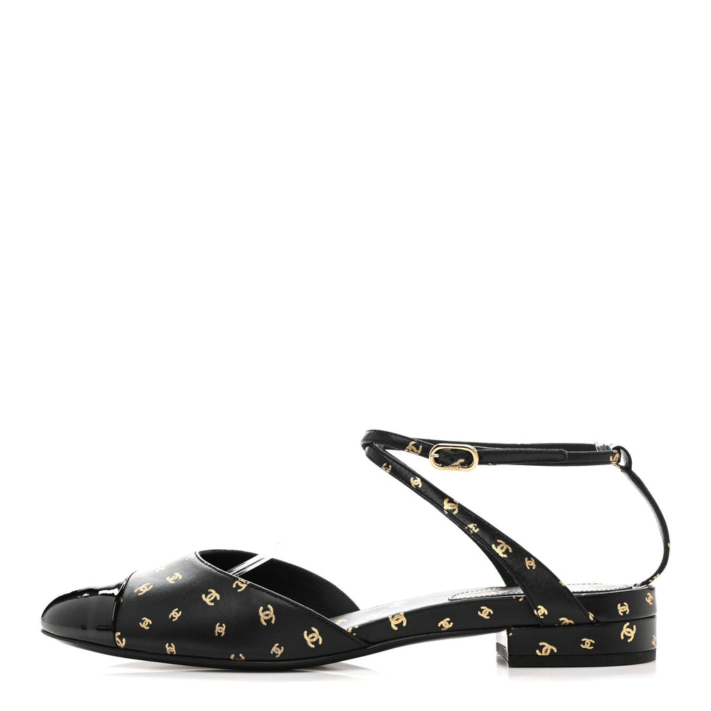 Printed Lambskin Patent Calfskin CC Slingback Flats 38.5 Black Gold