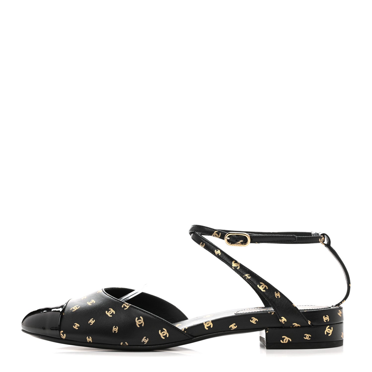 Printed Lambskin Patent Calfskin CC Slingback Flats 38.5 Black Gold