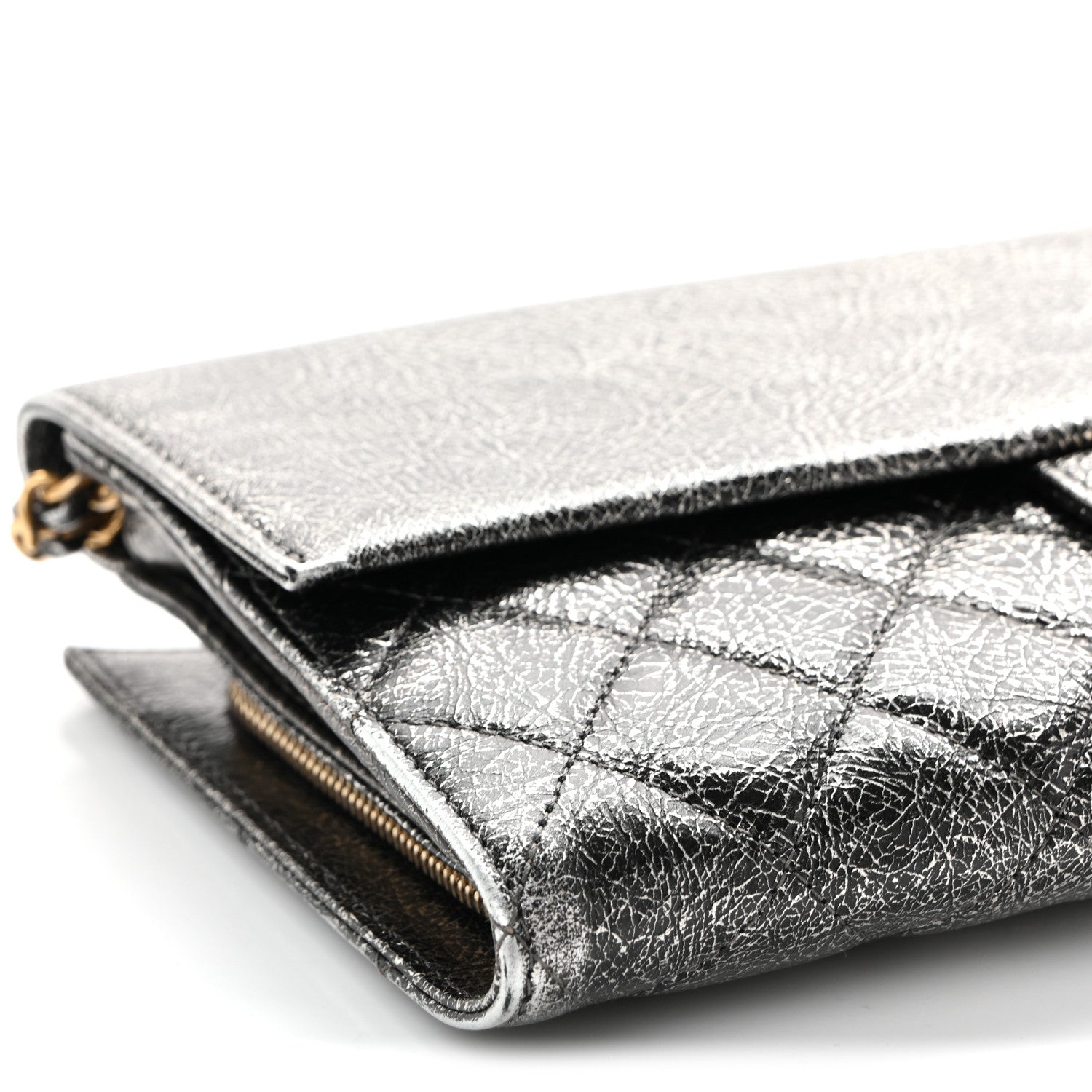 Chanel Cracked Metallic Calfskin Quilted Zip Away Chain Clutch Dark Silver