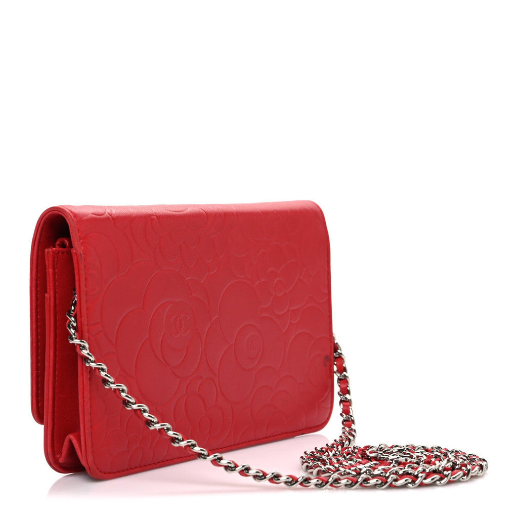 Chanel Lambskin Camellia Embossed Wallet on Chain WOC Red