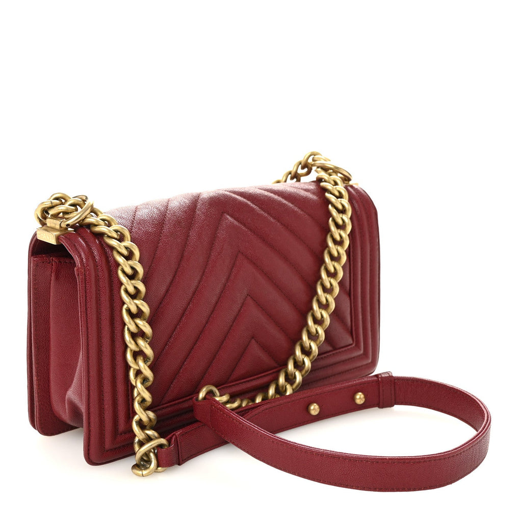 Chanel Caviar Chevron Quilted Medium Boy Flap Dark Red
