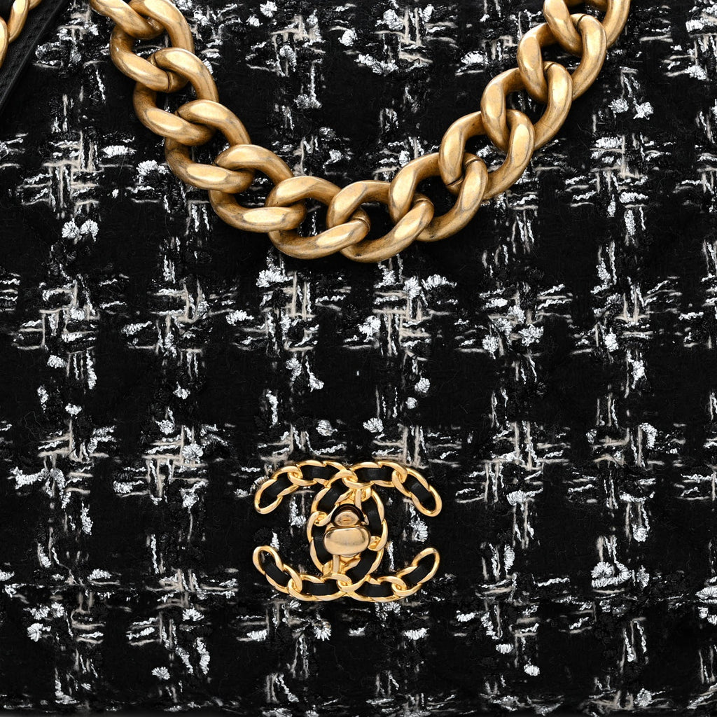 Chanel Tweed Quilted Maxi Chanel 19 Flap Black Silver Ecru