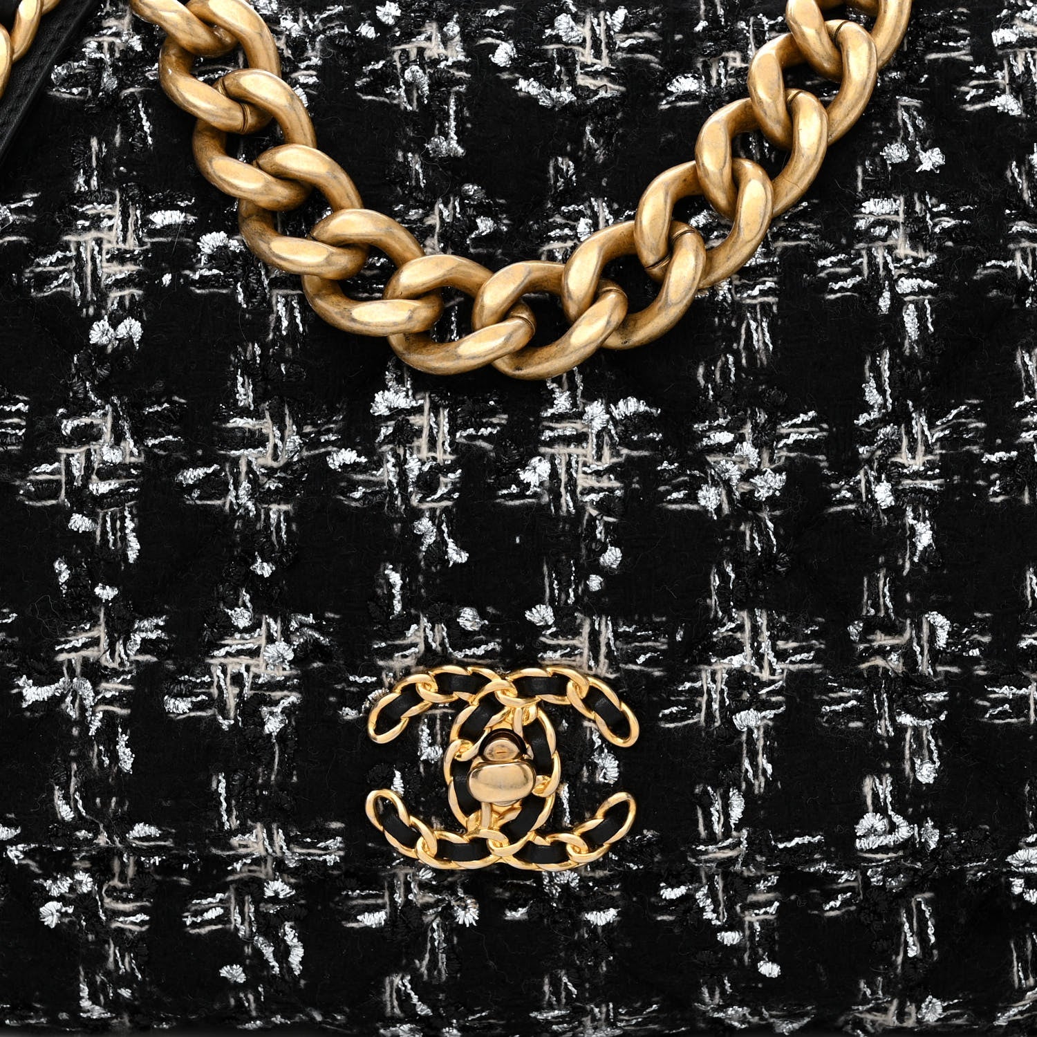 Chanel Tweed Quilted Maxi Chanel 19 Flap Black Silver Ecru