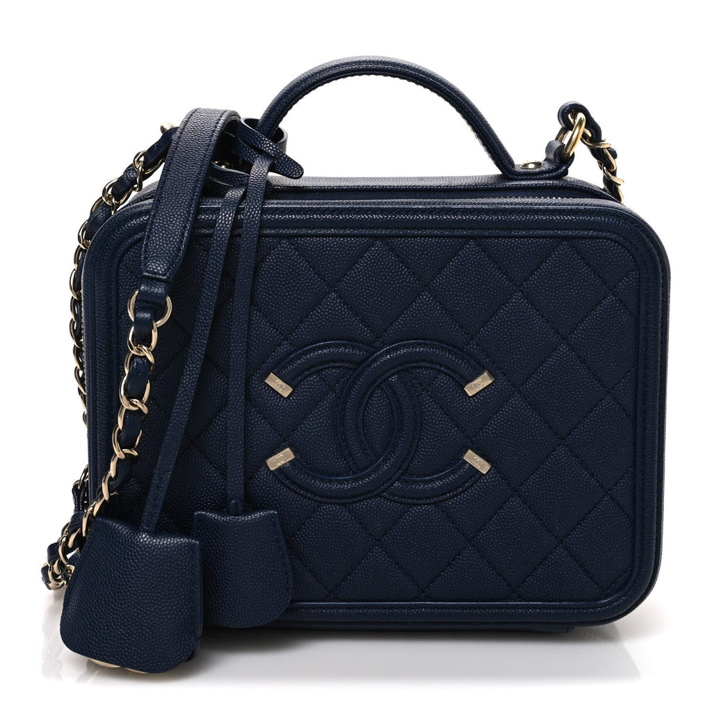 Chanel Caviar Quilted Medium CC Filigree Vanity Case Navy
