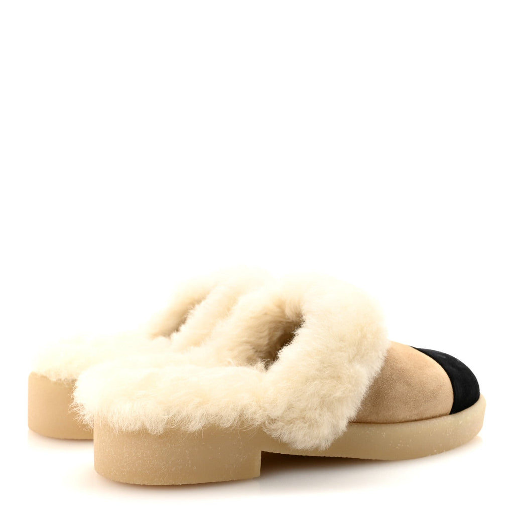 Chanel Suede Shearling CC Cap Toe Mules 36 Beige Black