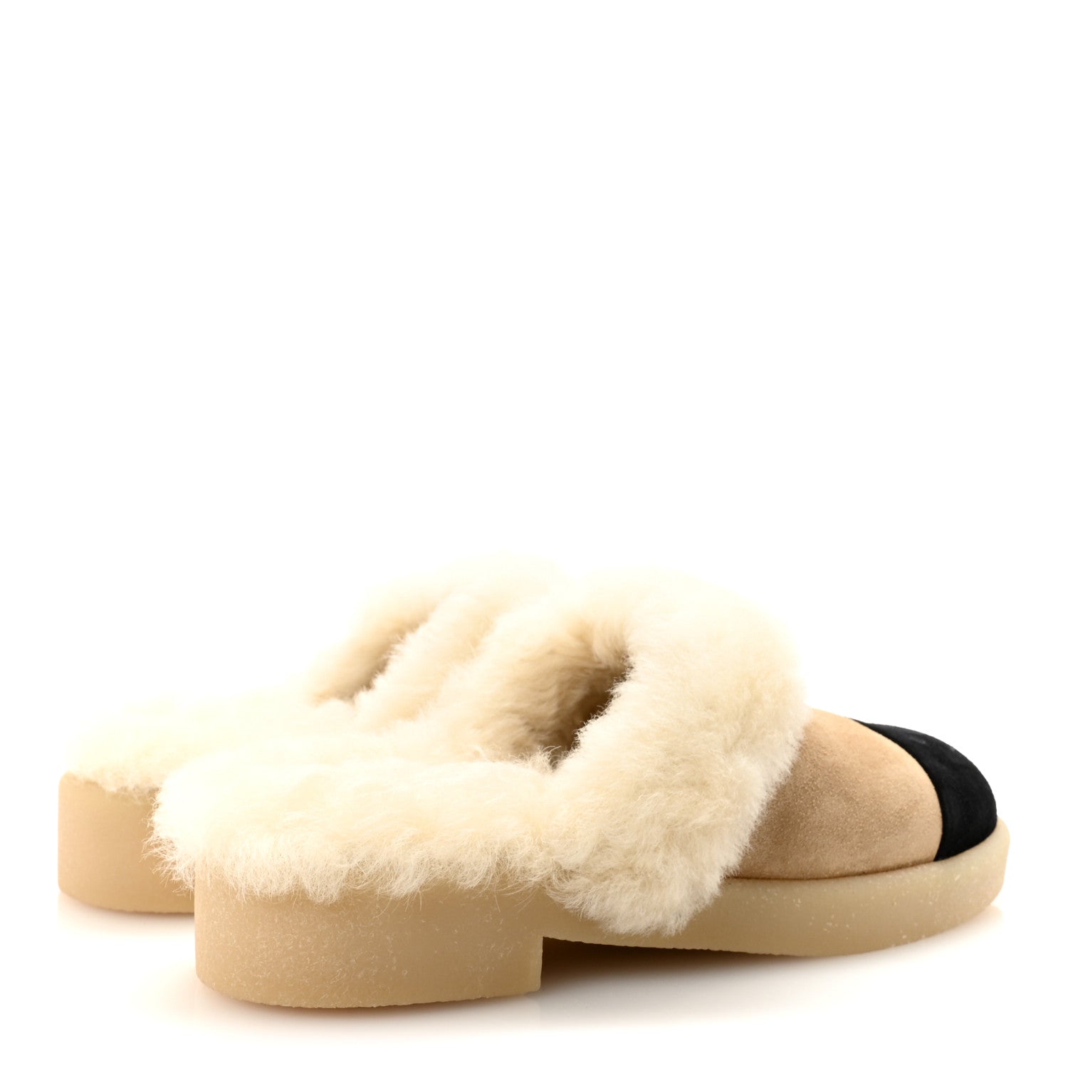 Chanel Suede Shearling CC Cap Toe Mules 36 Beige Black