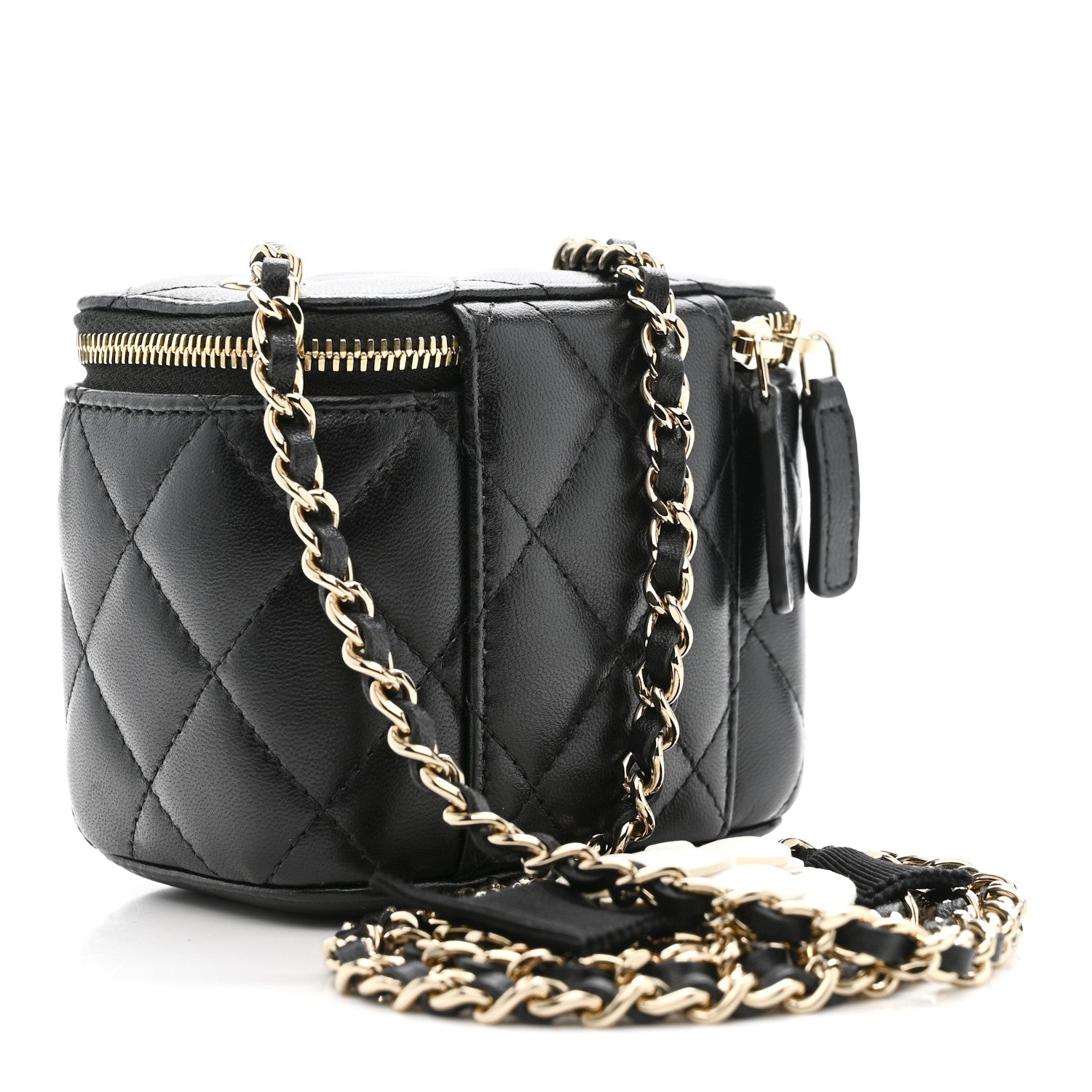 Chanel Lambskin Quilted Mini Camellia Bow Vanity Case With Chain Black